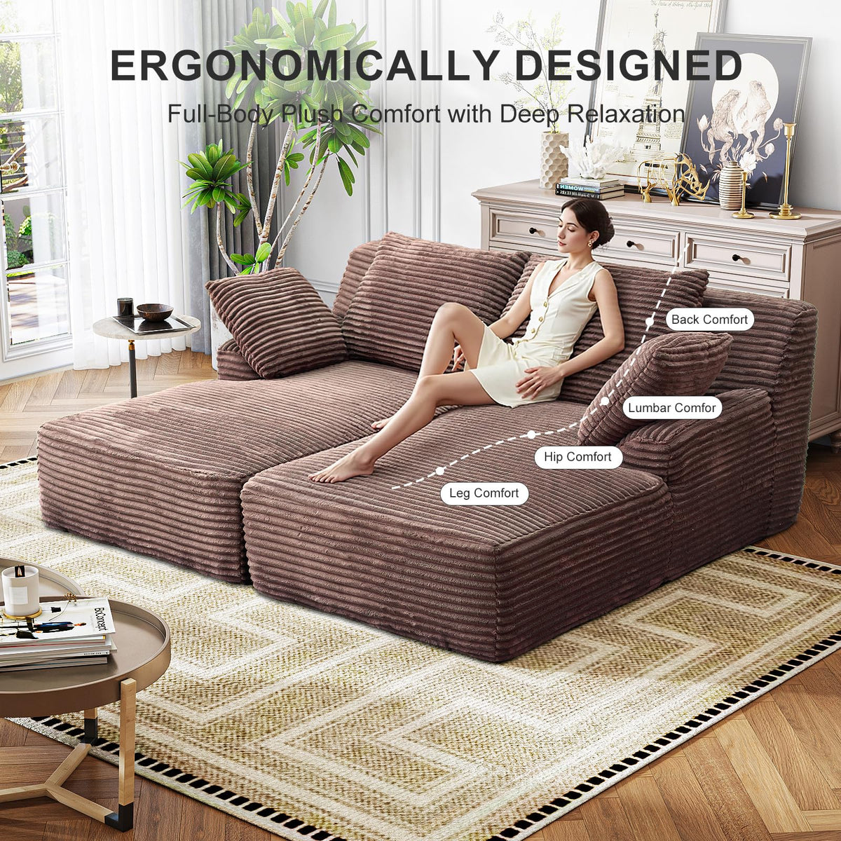Forrise Oversized Chaise Lounge Chair Indoor, Corduroy Upholstered Boneless Sofa Bed, Deep Seat Sleeper Couch Reading Chairs, Cloud Sofas for Living Room, No Assembly Required (Brown, Double Size)