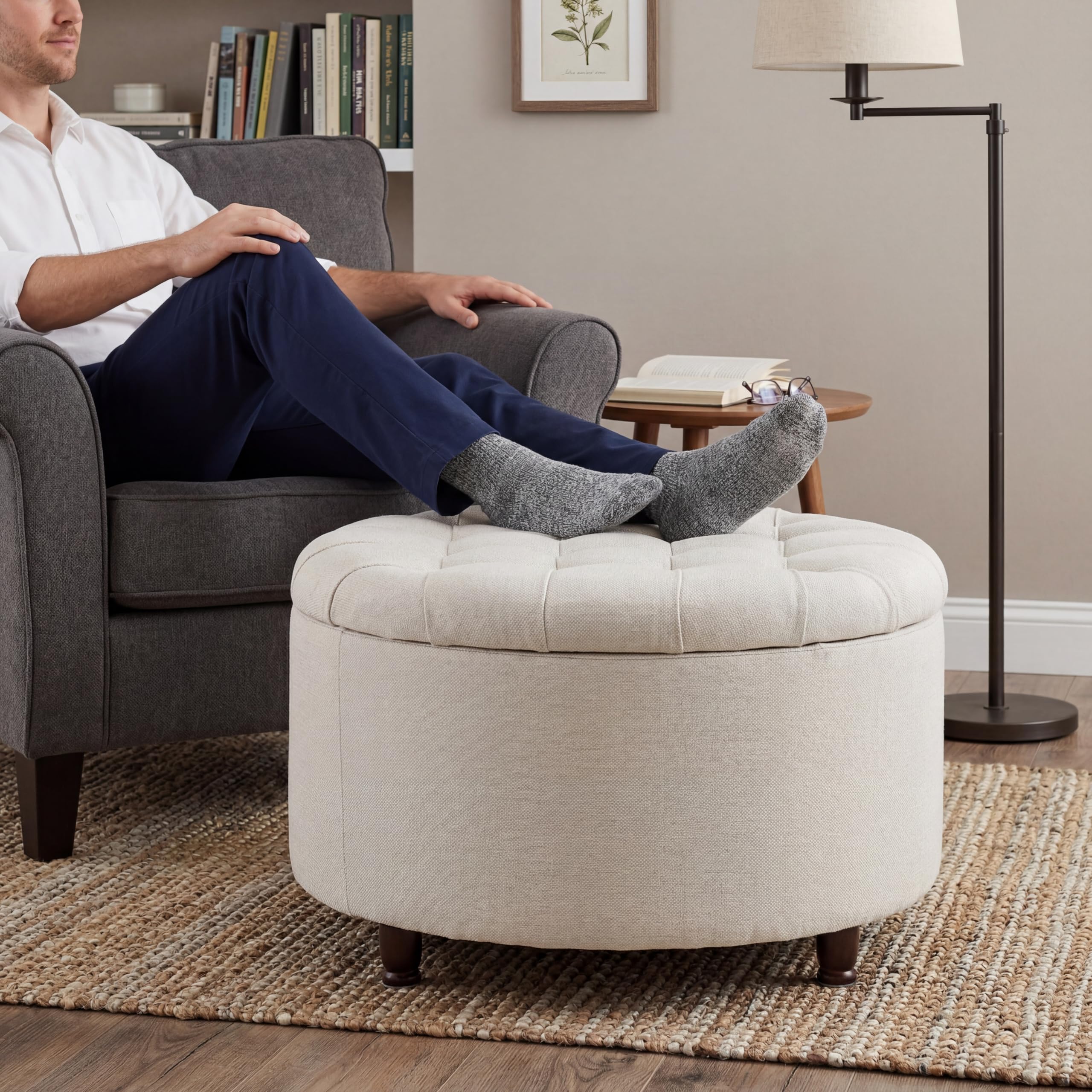 28" Round Storage Ottoman with Wooden Legs – White