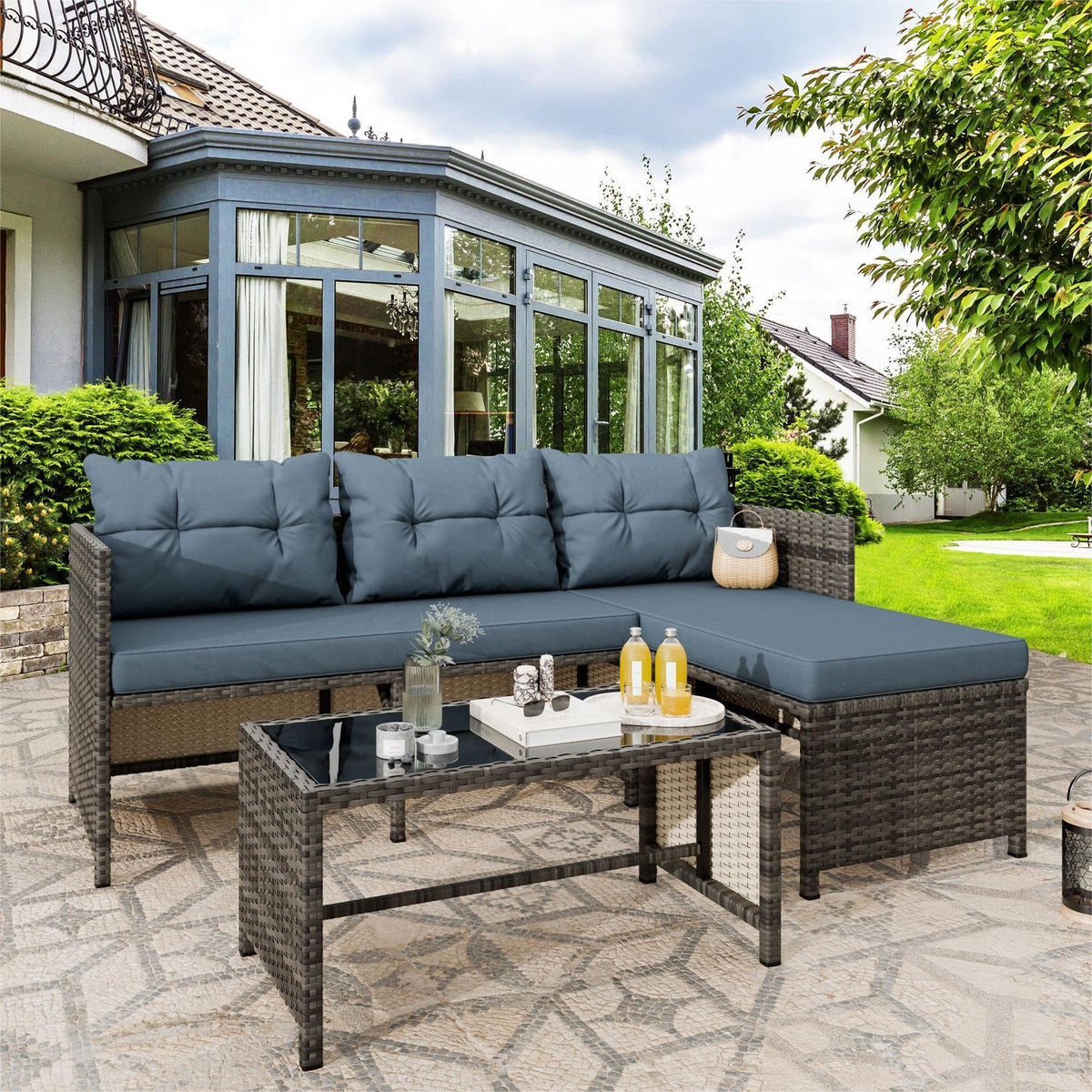 Vongrasig 3 Pieces Patio Furniture Sets, All-Weather Wicker Outdoor Sofa Couch Sectional Set, Small Conversation Set for Patio, Garden w/Cushion, Glass Table, Blue