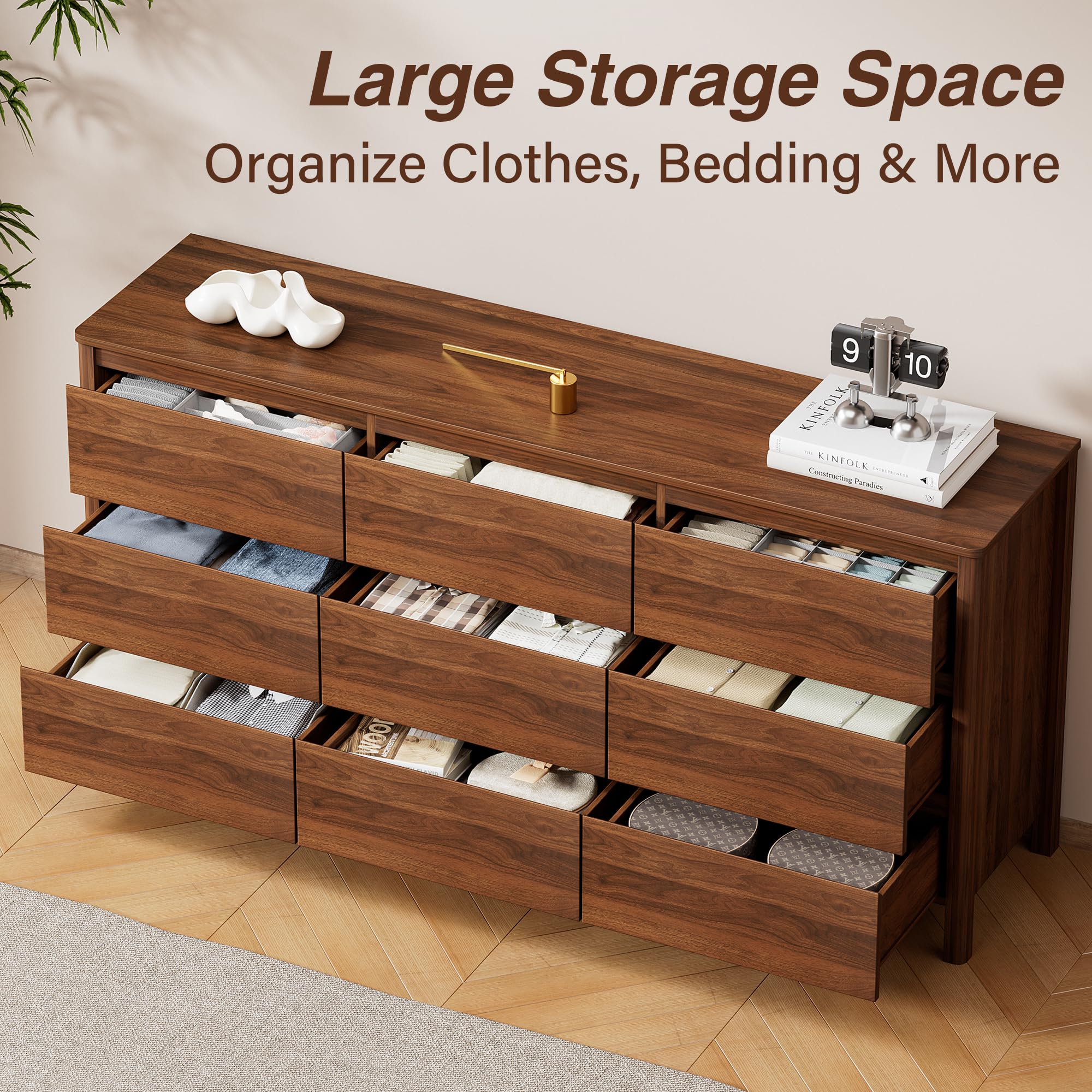 Furniway 63" Mid-Century Modern Dresser for Bedroom, 9 Drawer Wide Chest of Drawers with Wood Legs, Large Storage Bedroom Dresser, Walnut