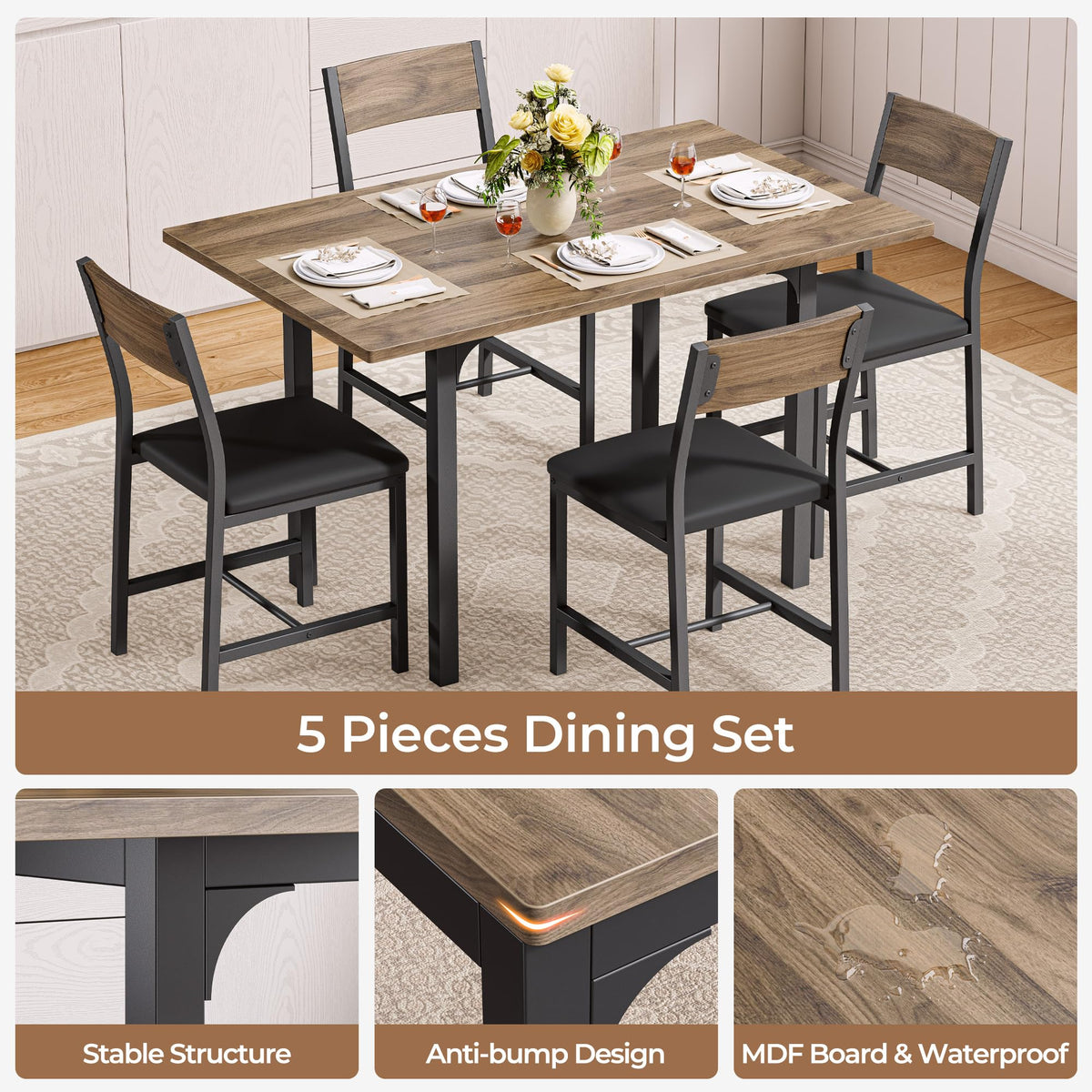 IRONCK Dining Table Set for 4, Extendable Kitchen Table Chairs Set of 4