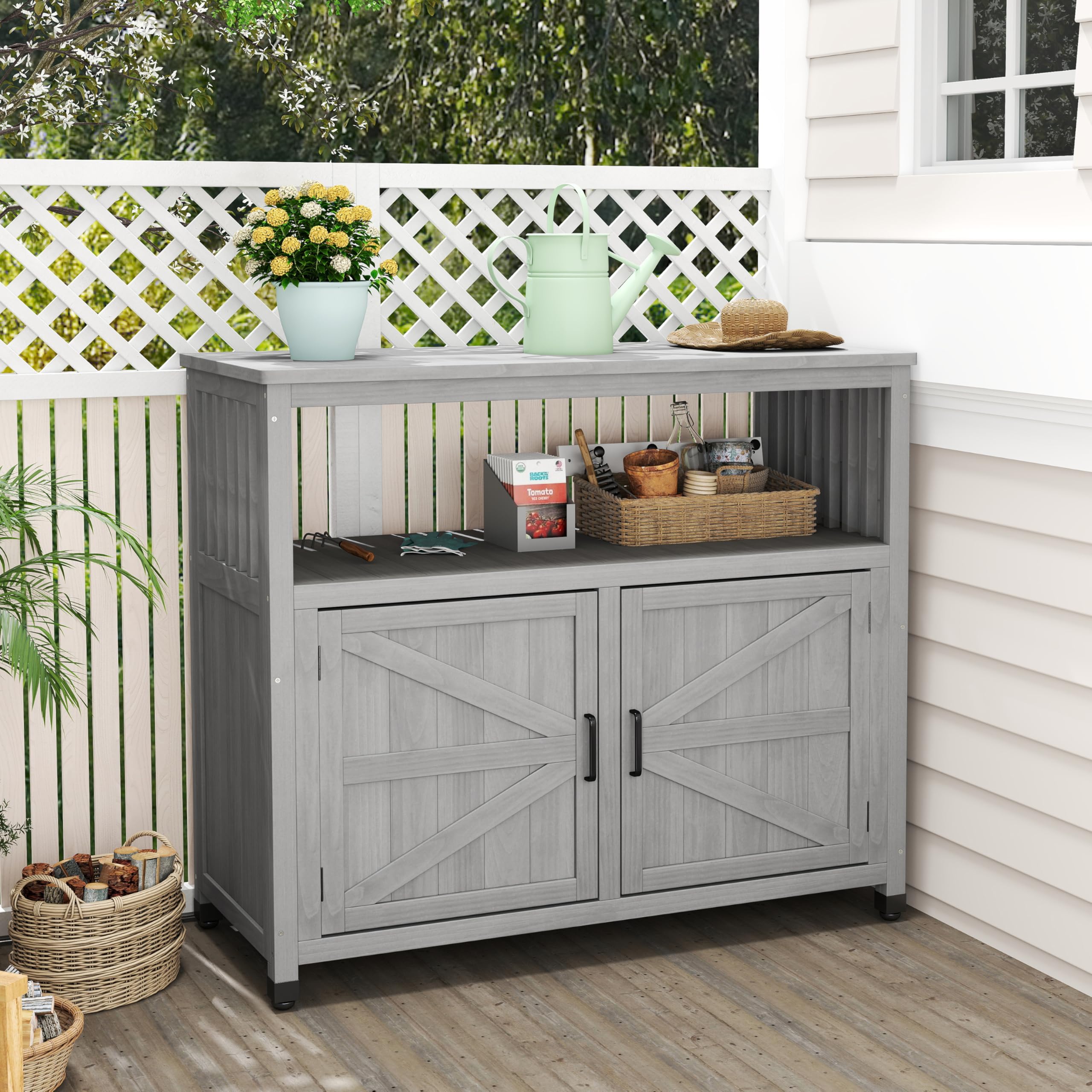 Cedar Outdoor Patio Bar Table with Storage Cabinet