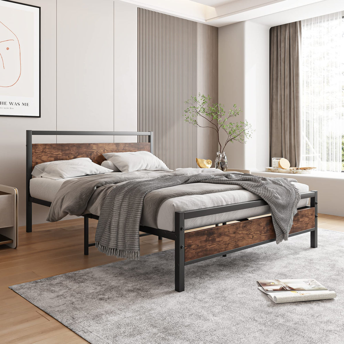 HOJINLINERO Full Size Bed Frame with Headboard,Wood Bed Frame Rustic Brown