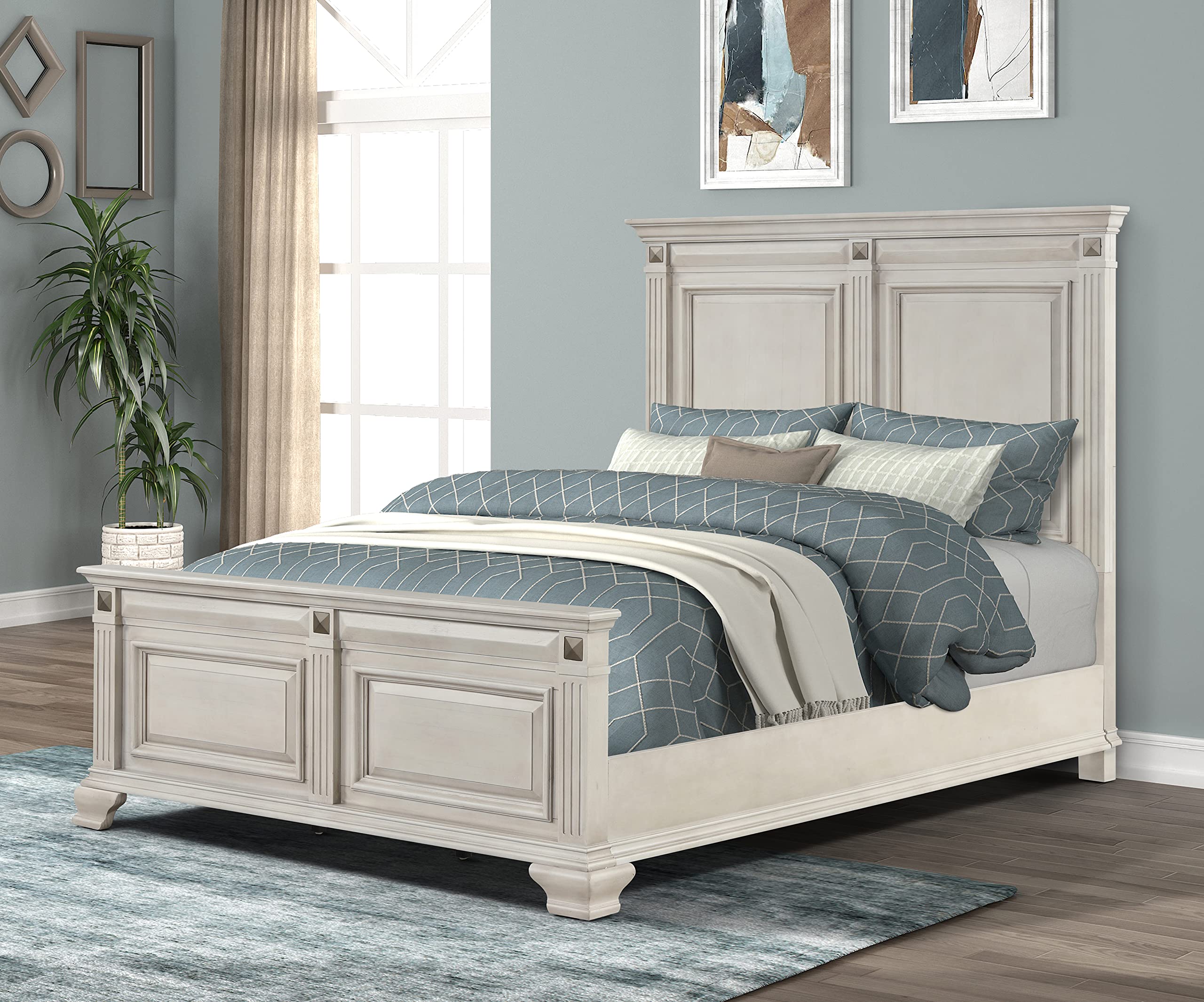 Roundhill Furniture Renova Distressed Parchment Wood Bedroom Set, Queen Panel Bed, Dresser, Mirror, Nightstand, Chest