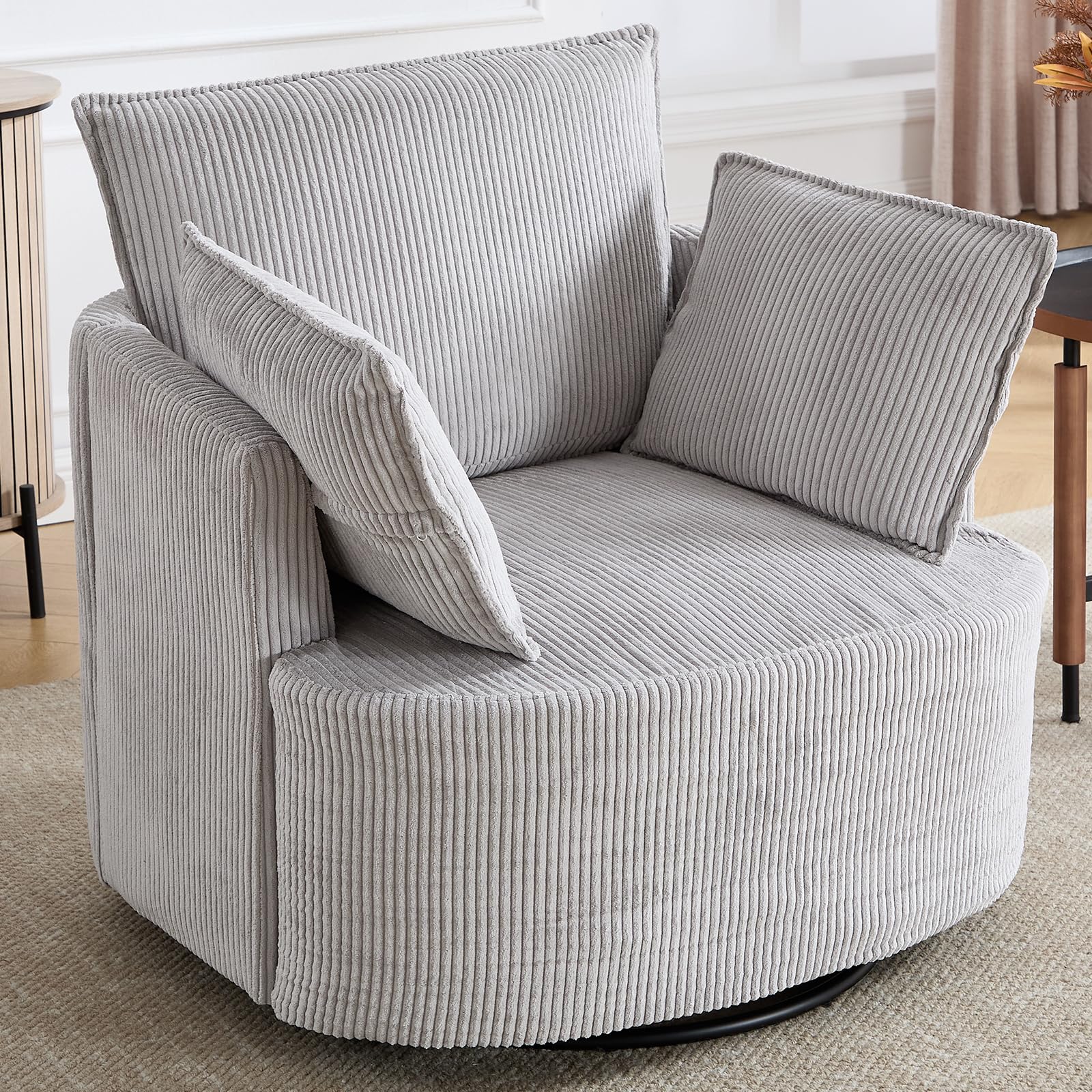 360° Swivel Barrel Chair with Corduroy Upholstery & 3 Pillows