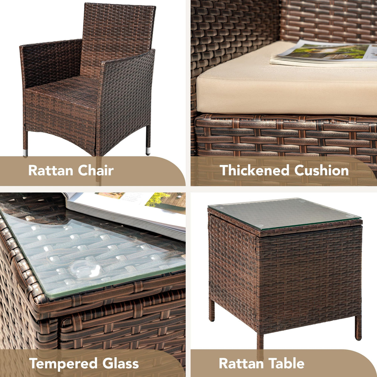 3 Piece Wicker Patio Conversation Set, Brown/Beige