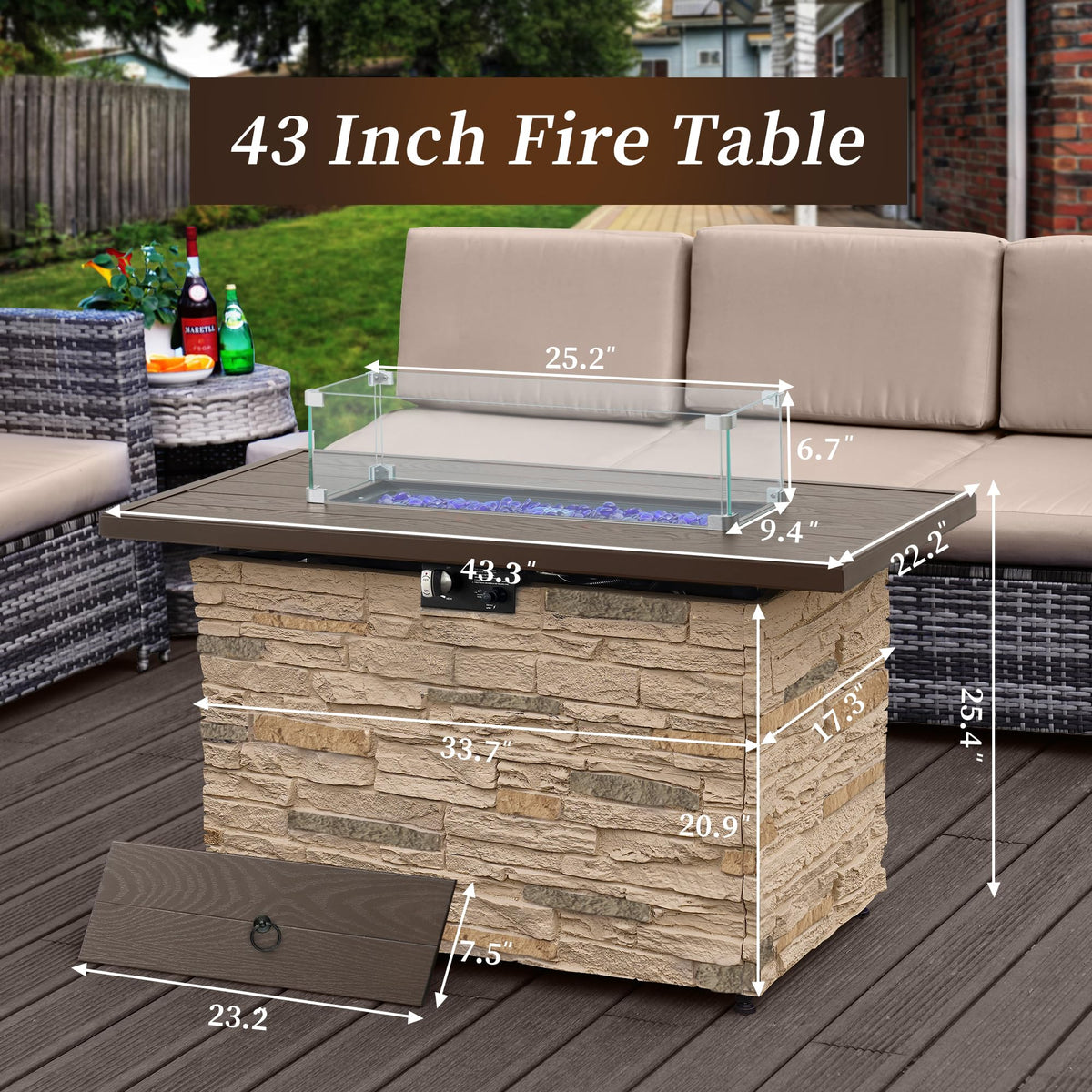 PIZZELLO 43" Propane Fire Pit Table, 50,000 BTU Outdoor Gas Firepit Table