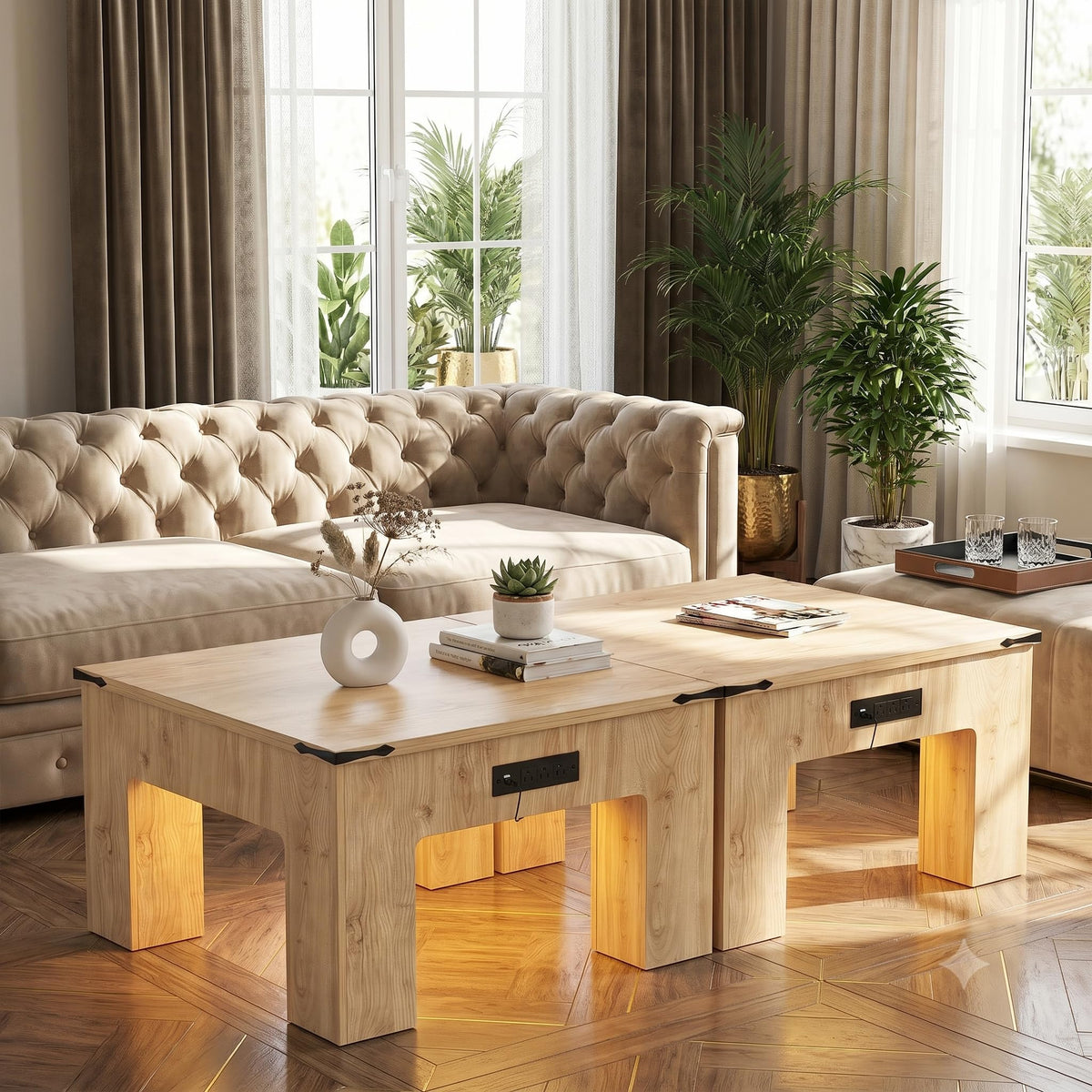 Square LED Coffee Table with Charging Station, Natural