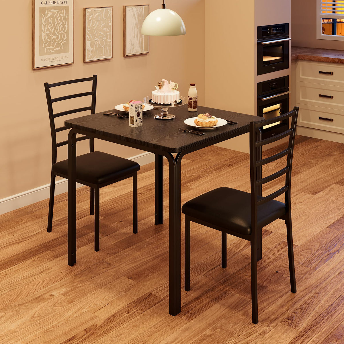 PeacefulHues 3-PCS Small Dining Table Set Kitchen Table and 2 Upholstered Chairs,Table Set Home Furniture Modern Chairs with Metal Legs for Breakfast Nook Kitchen Dining Room,Black