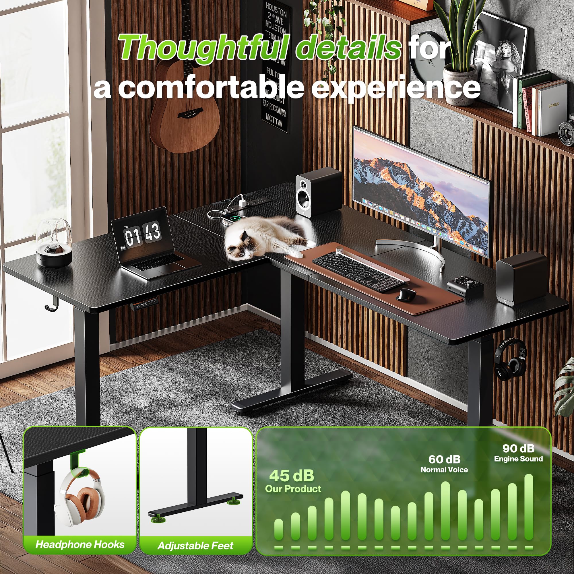 Huuger L Shaped Standing Desk with Power Outlets, 63 x 55 Inch Height Adjustable Computer Desk for Bedroom, Corner Stand up Desk for Home and Office, Work and Study, Black