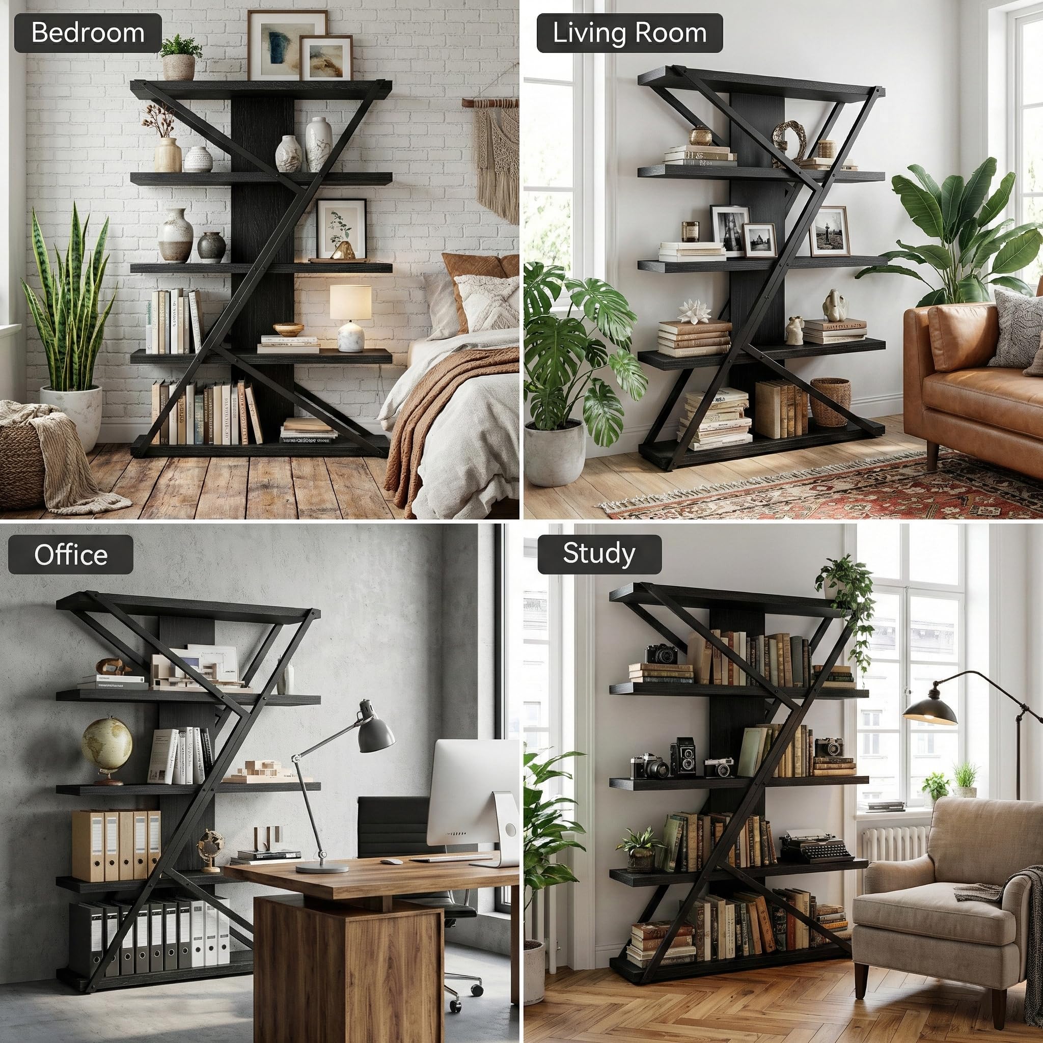 Industrial 5-Tier Bookshelf with Wood & Metal Frame