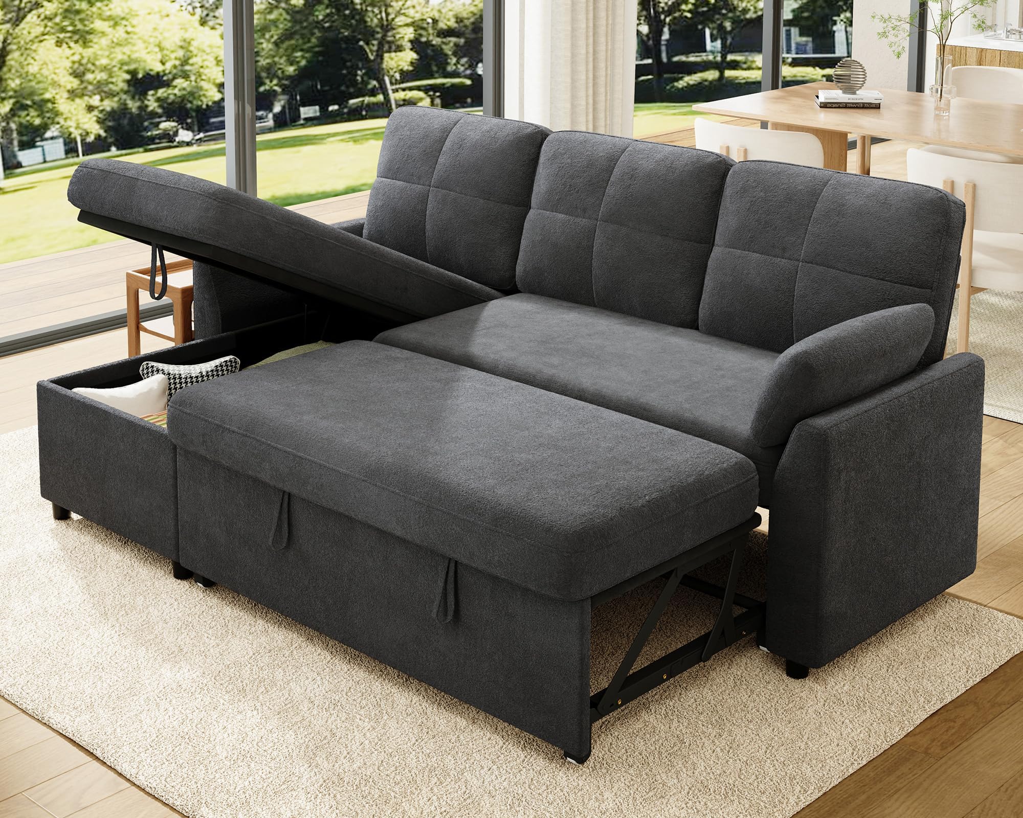 Jocisland L Shaped Sofa Bed, Sleeper Sofa with Storage Chaise, Convertible Couch Bed with Pull Out Couch for Living Room, Linen Gray