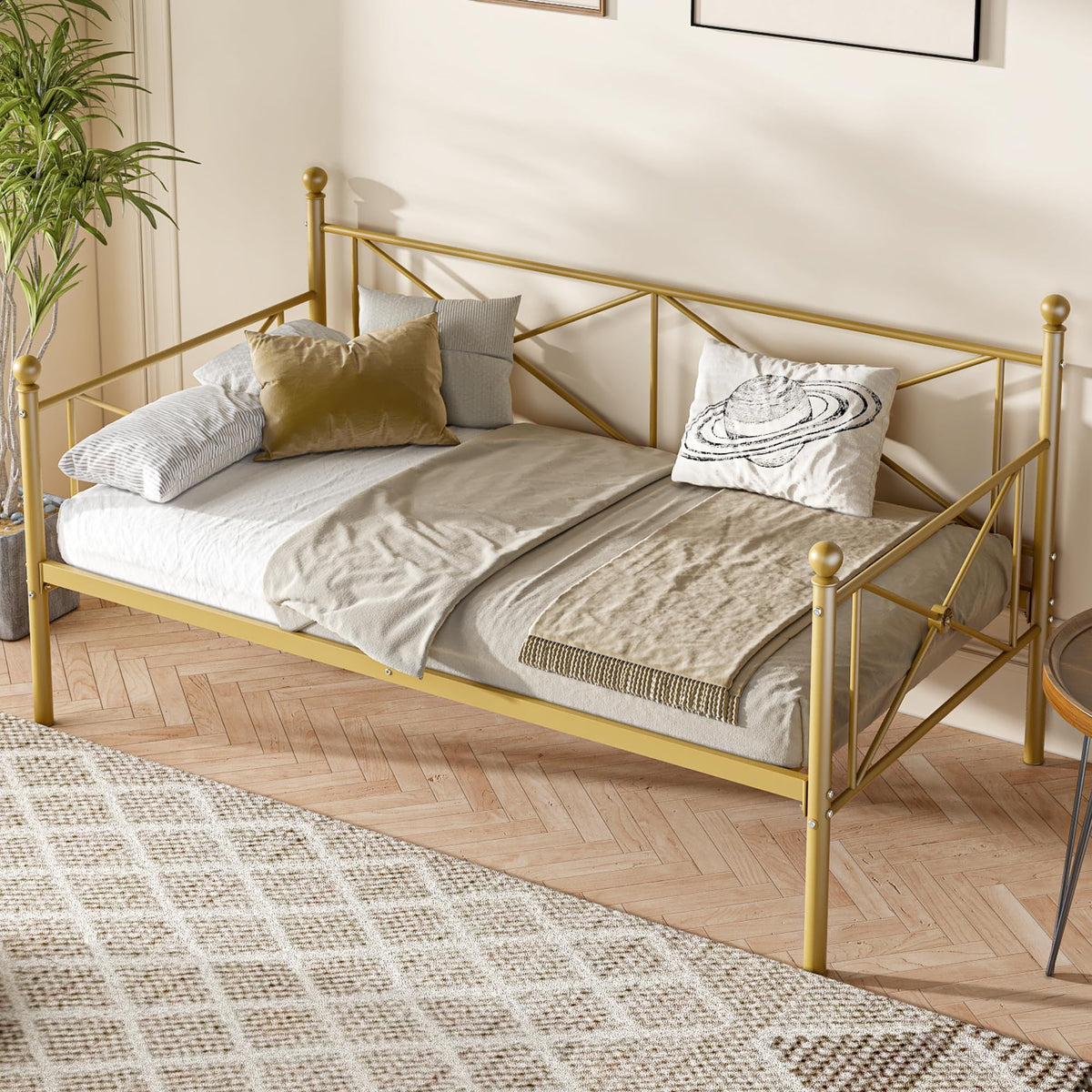 VECELO Daybed Twin Size, Day Bed Frame with Headboard, Heavy-Duty Metal Slats Support Platform for Living Room, Guest Room, Easy Assembly, Gold