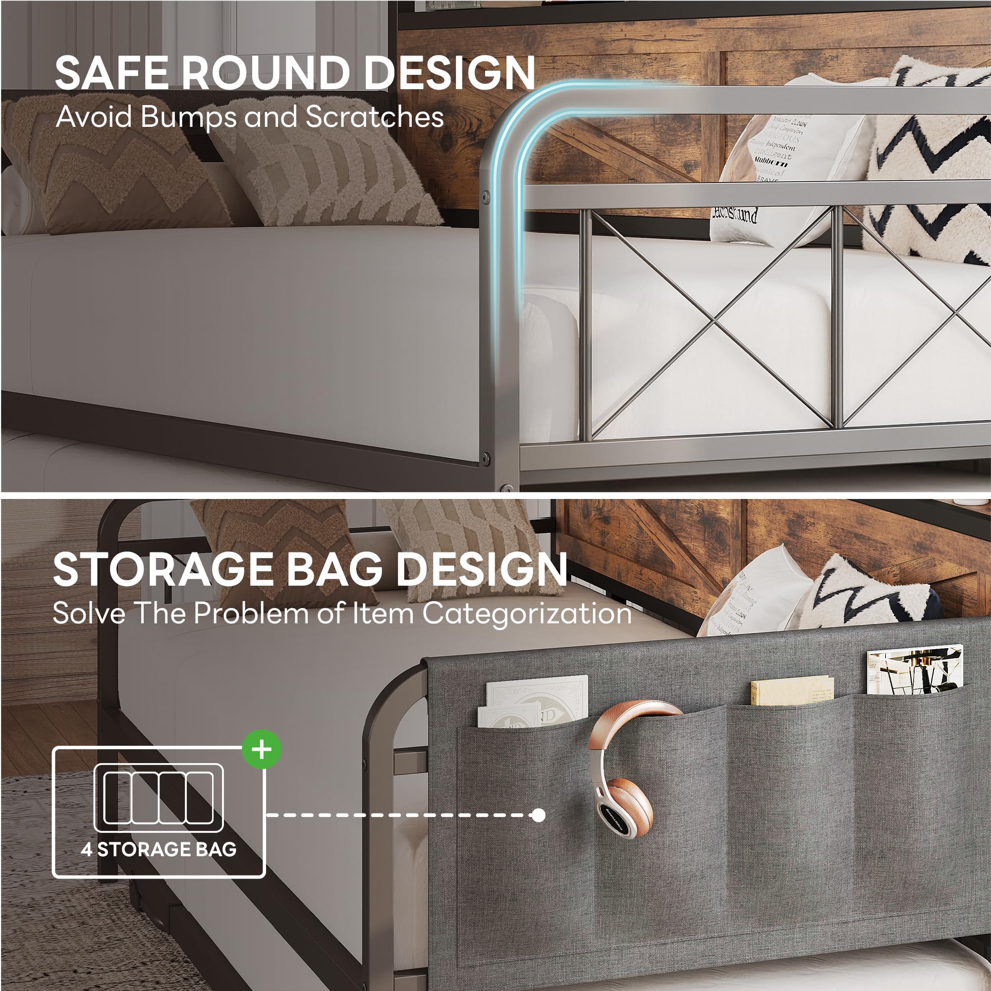LIKIMIO Twin Daybed, Daybeds with Pop Up Trundle, Storage Headboard with Charging Station, Strong Supports for Apartment and Other Small Space, Industrial Brown
