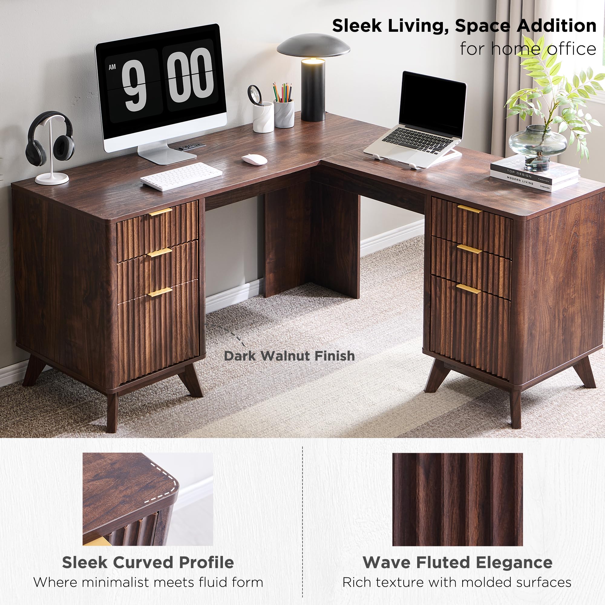 T4TREAM 60'' Fluted Executive L Shaped Desk, Modern Home Office Desk with Charging Station and File Drawer, Computer Corner Desks with Drawers & Storage Cabinet for Office Home, Bedroom, Dark Walnut