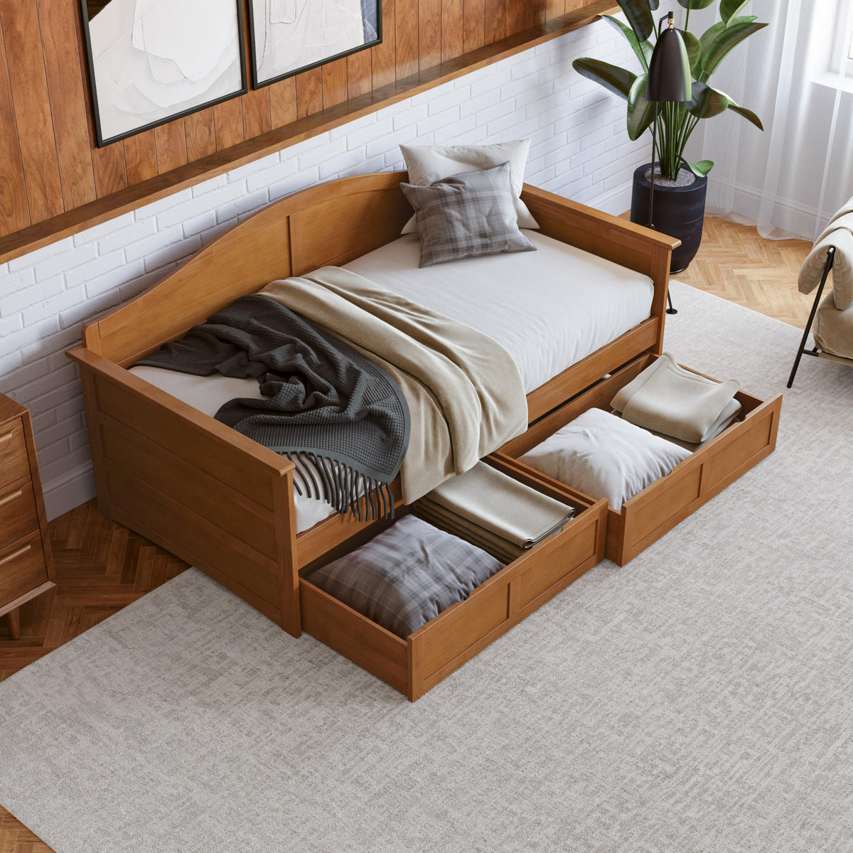 AFI, Acadia Twin Wood Daybed with 2 Storage Drawers, Light Toffee