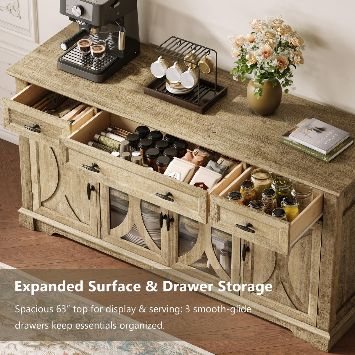 Einhomn 64" Farmhouse Sideboard Cabinet with 3 Drawers and 4 Doors, Buffet Cabinet with Adjustable Shelves and Curved Glass Doors, Large Storage Cabinet for Dining Room, Living Room, Kitchen,Natural