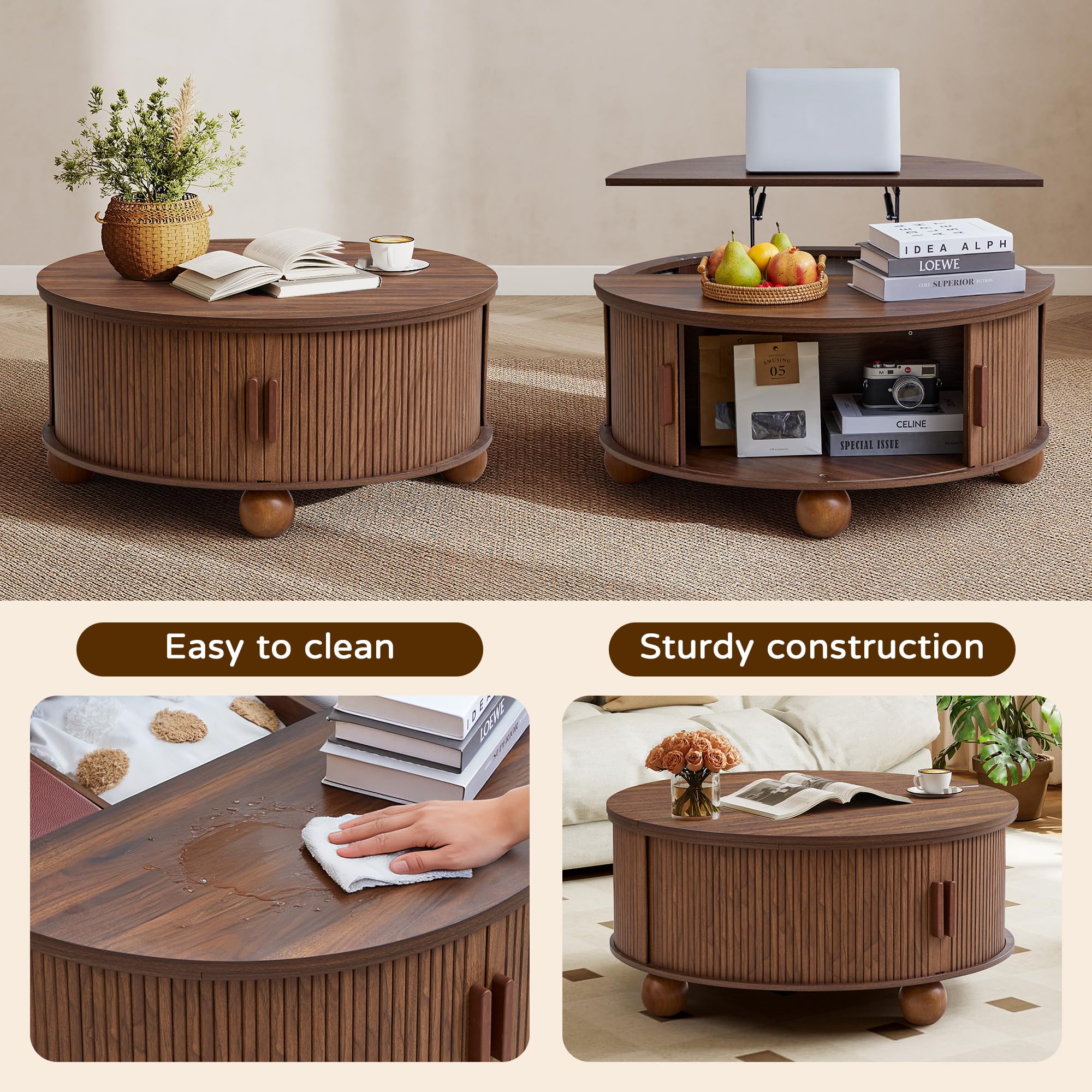 SUJOUCRAFT 33.5" Round Lift-Top Coffee Table with Storage, Mid-Century Wood Fulted Coffee Table with Sliding Door & Ball Legs, Living Room Center Drum Table for Apartment Living Room (Brown)