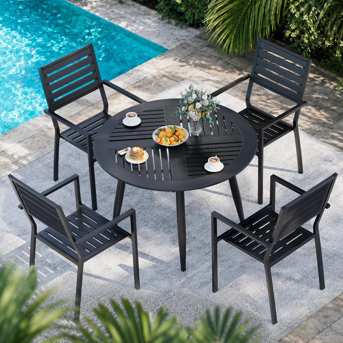 Pamapic 5-Piece HDPE Round Outdoor Dining Set, All-Weather Patio Furniture Set with Powder-Coated Iron Frame, Outdoor Table & 4 Stackable Chairs for Garden, Backyard, Poolside, Deck