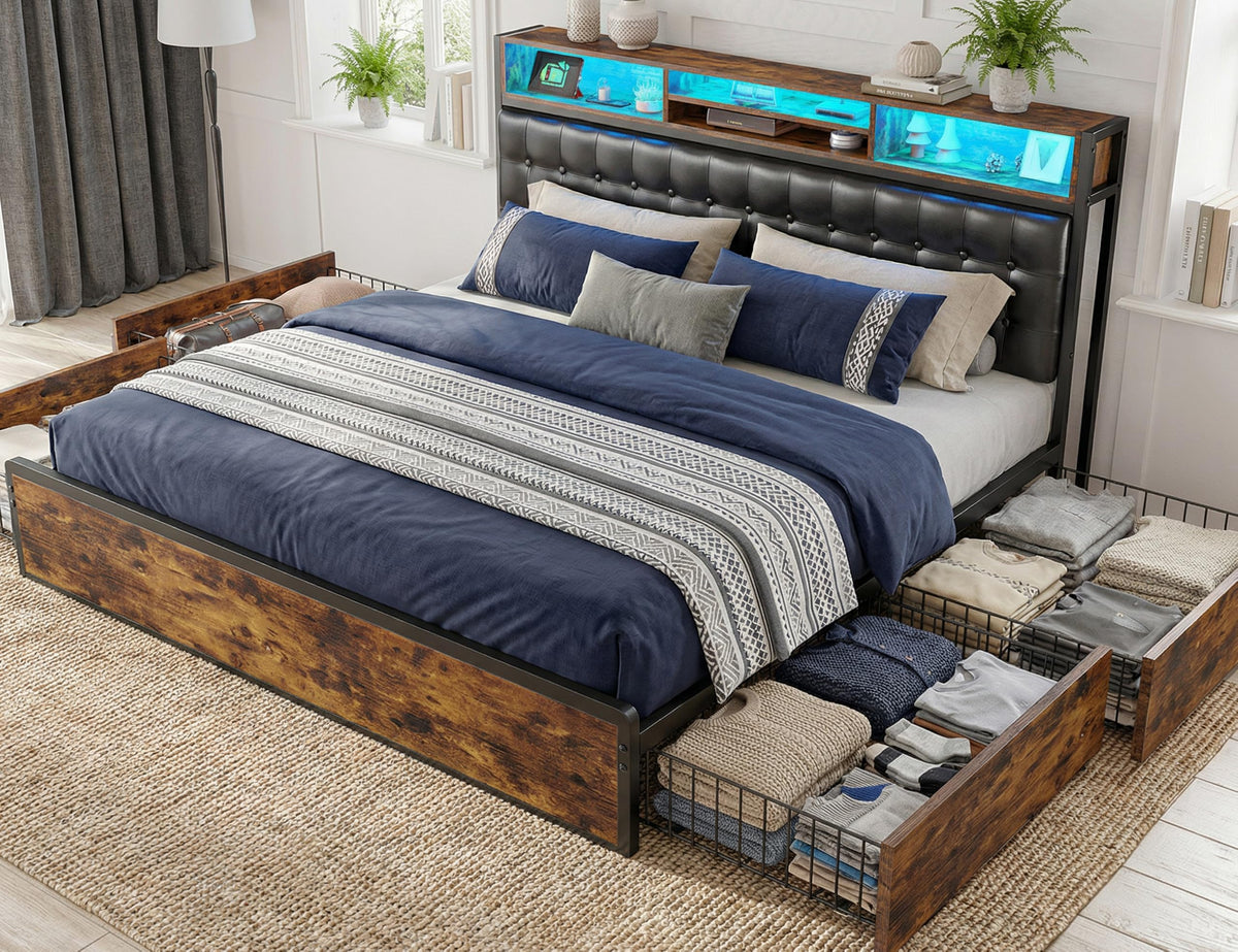 EnHomee King Bed Frame with 4 Drawers, Charge Station & LED Lights