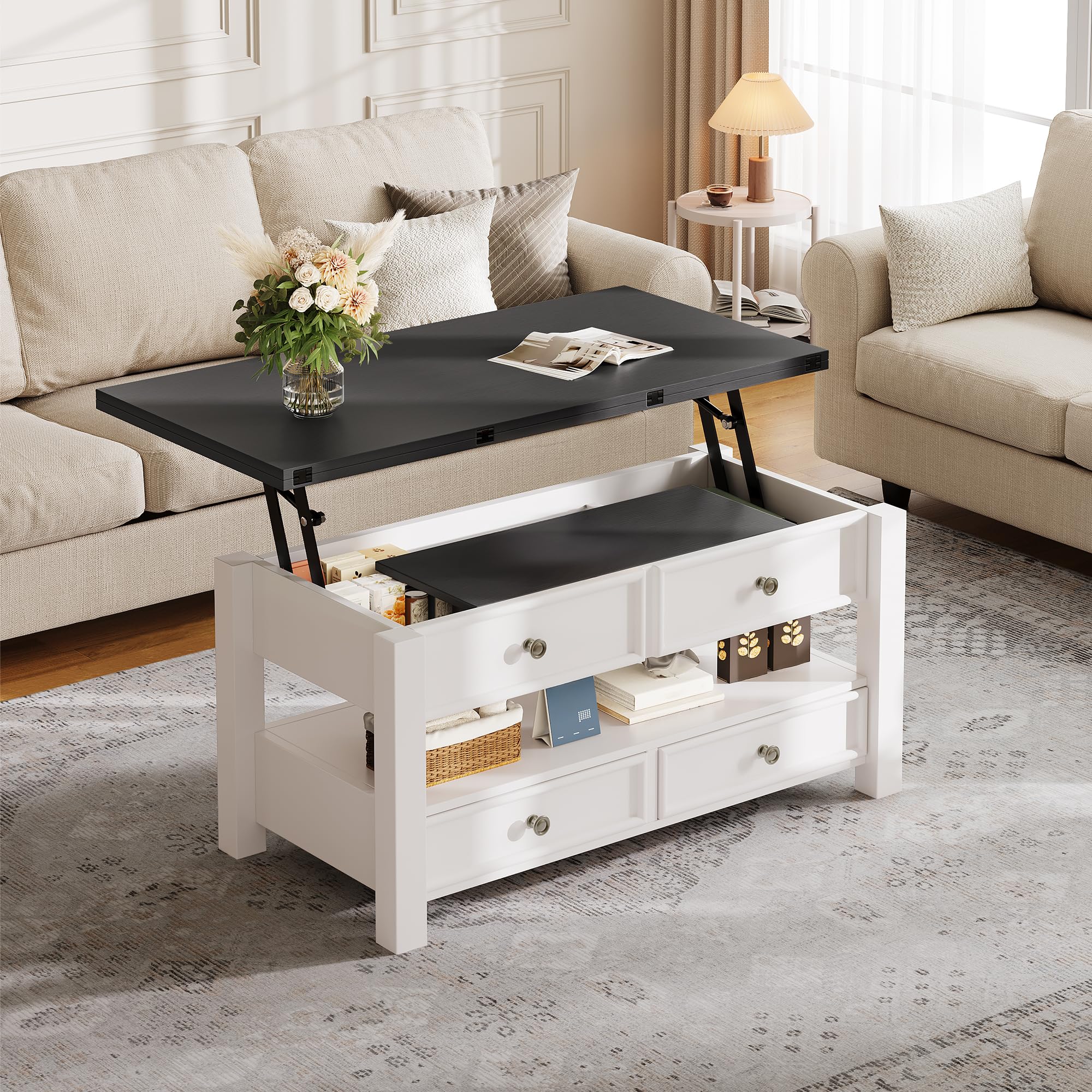 YITAHOME Coffee Table Lift Top, 4 in 1 Multi-Function Convertible Coffee Table with Drawers and Hidden Compartment, Converts to Dining Table for Living Room Home Office, Black Top