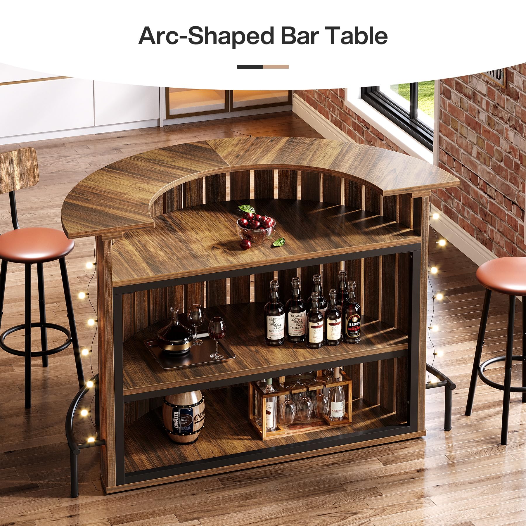 Tribesigns 4-Tier Bar Table, 47.24" Mini Home Bar Table with Footrest, Arc-Shaped Modern Bar Cabinet for Home, Living Room, Rustic Brown