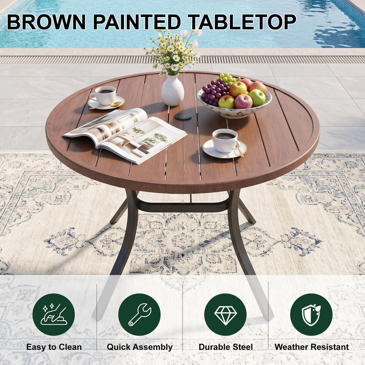 Anmutig 41" Round Outdoor Dining Table Metal Patio Table Brown Top