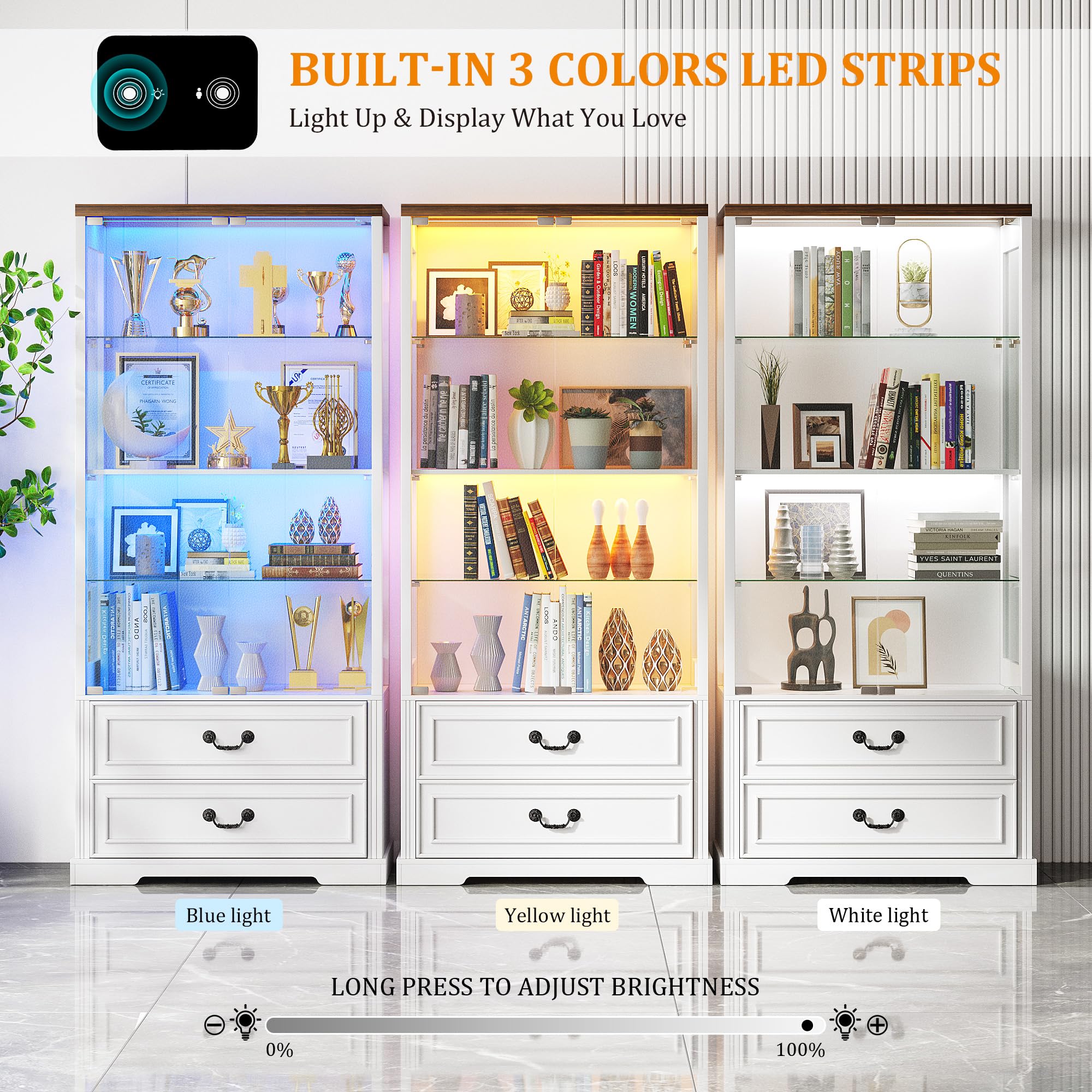 4-Tier Glass Display Cabinet with 2 Drawers, Tri-Color LED Sensor Lights & Pop-Up Door – 67"