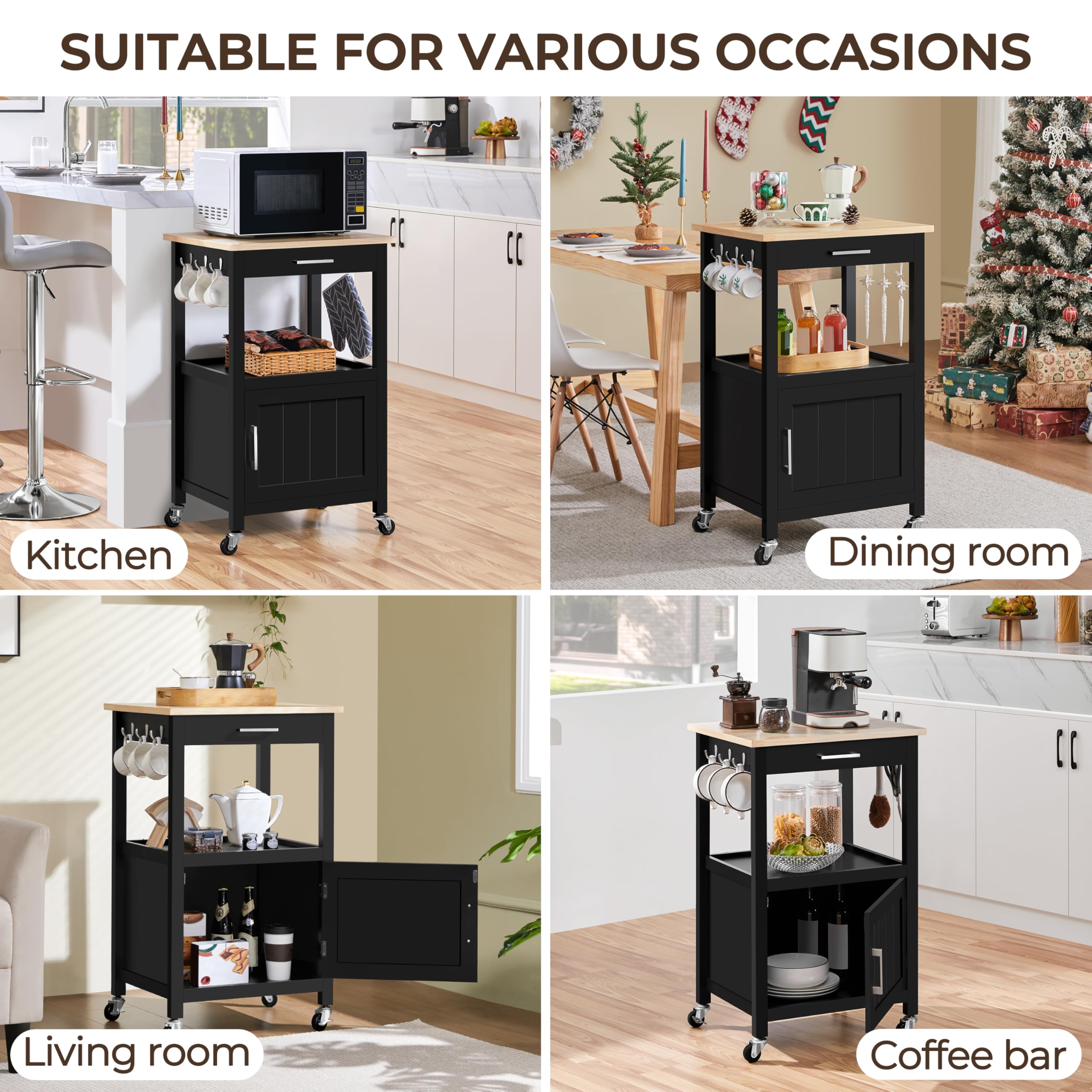Yaheetech Kitchen Island Cart with Storage, Rolling Kitchen Island on Wheels with 6 Side Hooks, Wood Top Microwave Cart with Drawer for Dining Room, Black