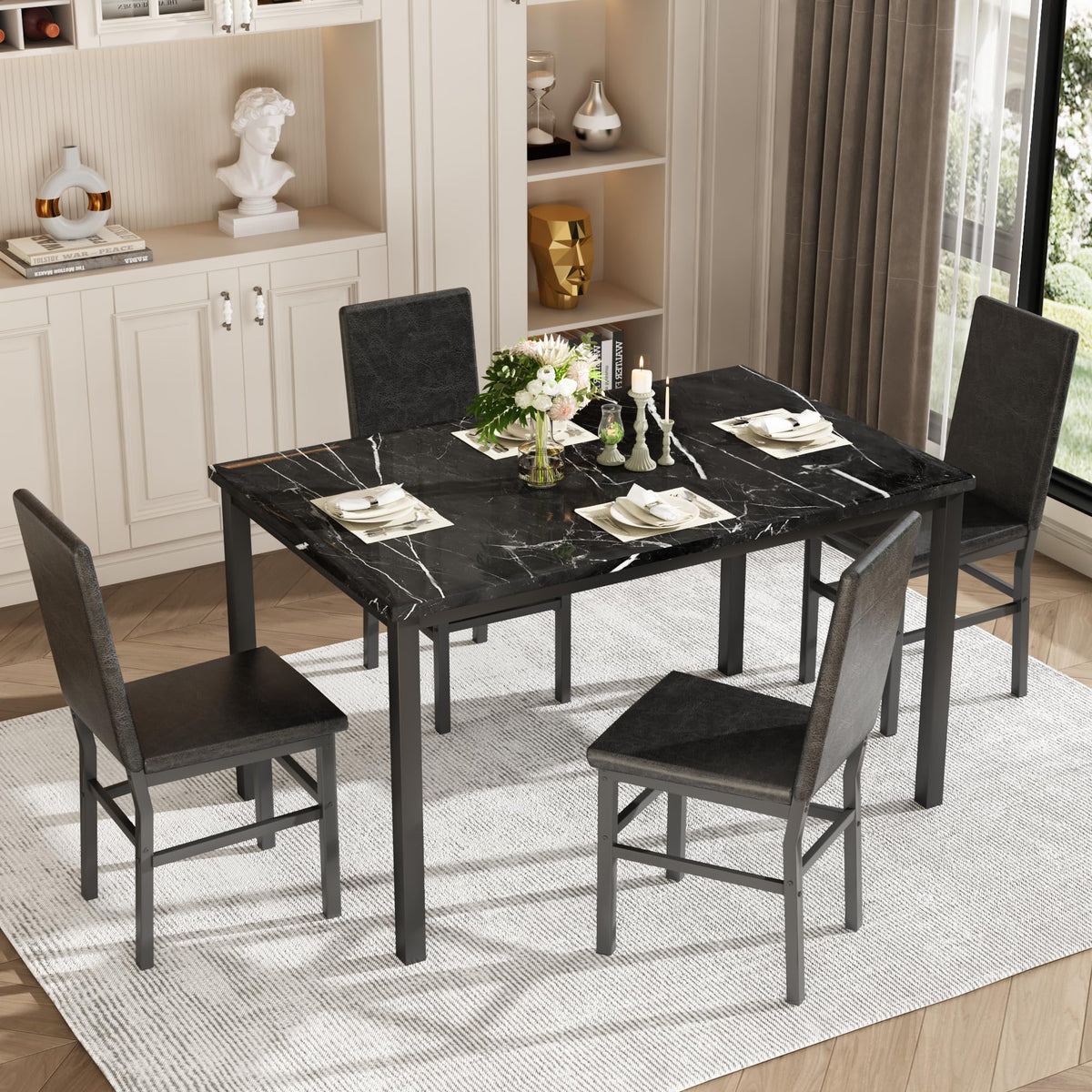 OFFWIN Dining Table Set for 4, 5-Piece Faux Marble Dining Set,4 Upholstered PU Chairs, Modern Kitchen Table Furniture for Dining Room,Compact Space-Saving Faux Marble Tabletop (Black + Black)