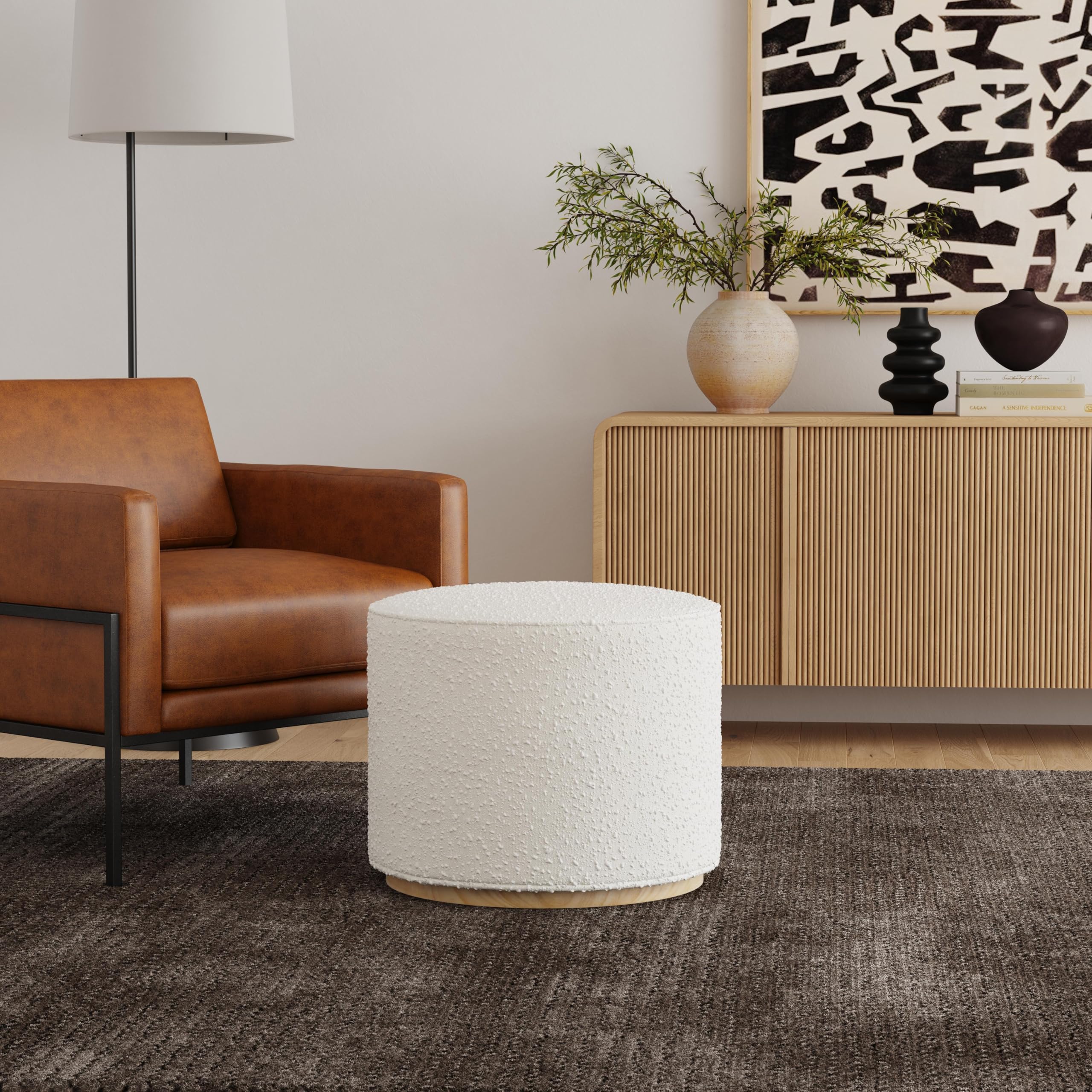 Spatial Order Bouclé Ottoman with Wooden Base – 22” Round Upholstered Footrest, Cream Textural Fabric, Modern Accent Stool for Living Room & Bedroom