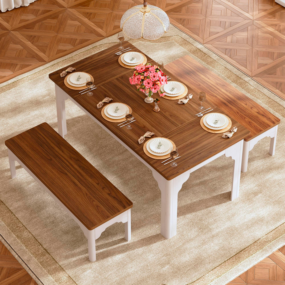 Farmhouse Dining Table Set with Benches
