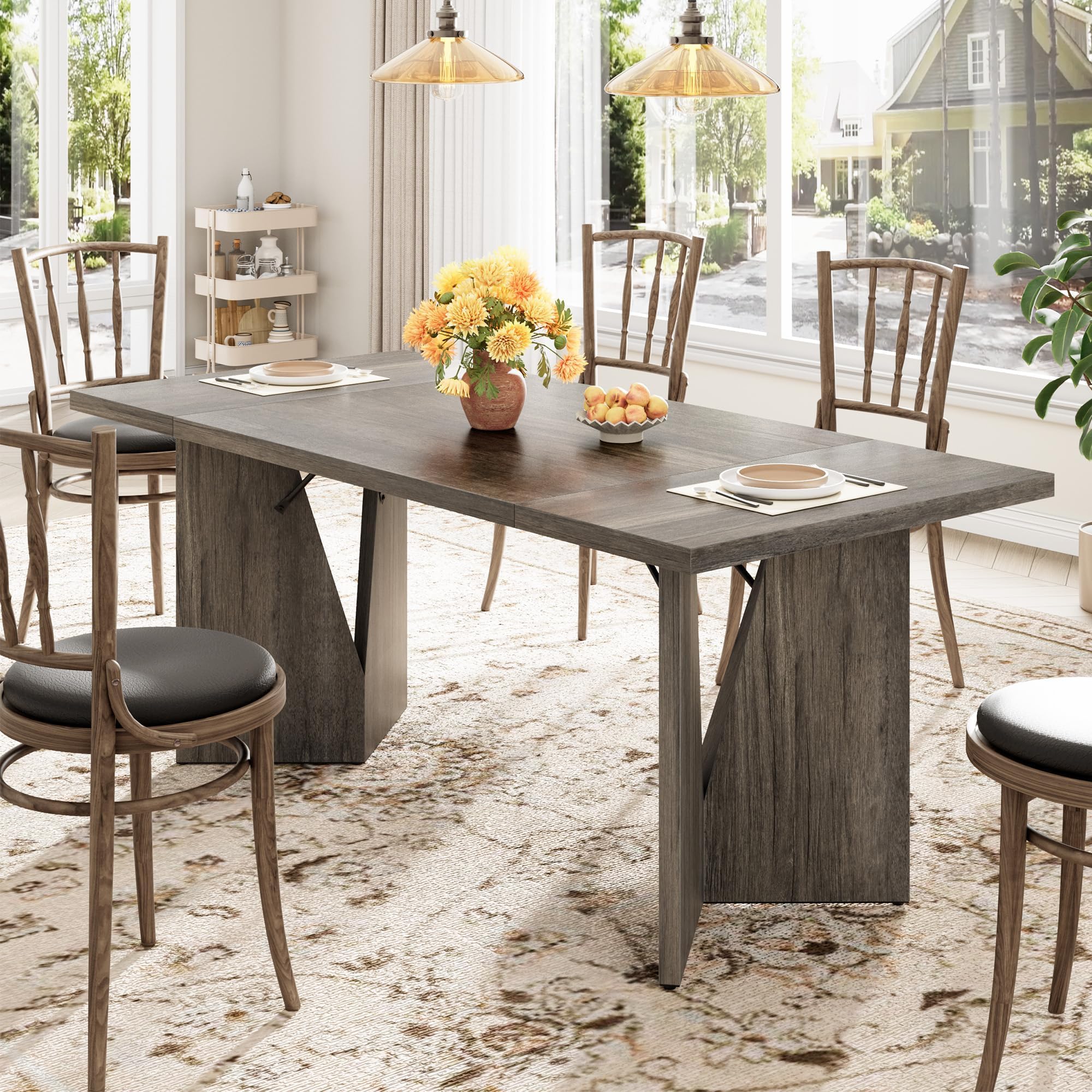 GarveeHome 70.9'' Rectangular Dining Table for 6-8, Wooden Thickened Long Desk, Farmhouse Kichen Table with Sturdy Frame and M-Shaped Legs, for Dining Room, Kitchen, Living Room, Office, Retro Brown