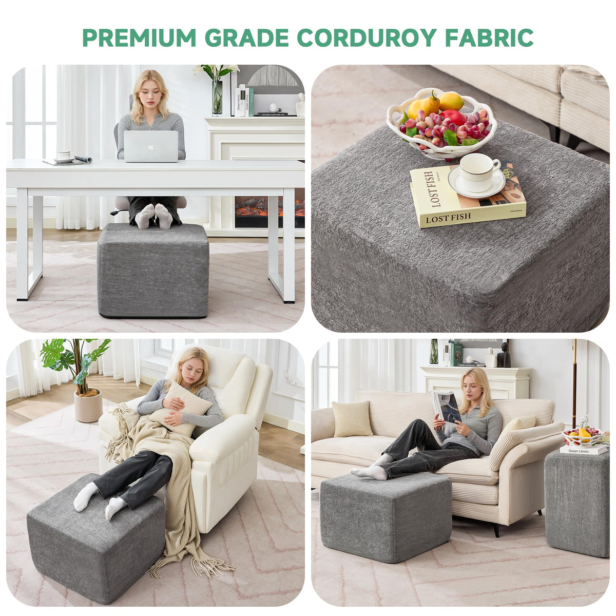 PoteSoar 23.6'' Square Pouf Boneless Ottoman Foot Rest with High-Rebound Solid One-Piece Foam and Removable Washable Cover for Living Room, Gaming, Movie Watching - Grey