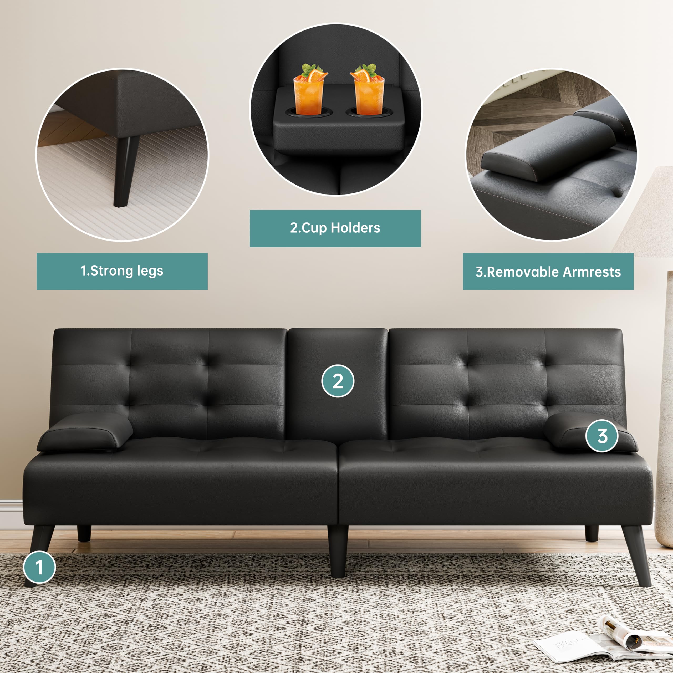 Meilocar 64" Futon Sofa Bed, Small Loveseat with 2 Cup Holders, Small Couch with 3 Adjustable Angles & Removable Armrest, Modern Sleeper Sofa for Small Space (PU Leather, Black)