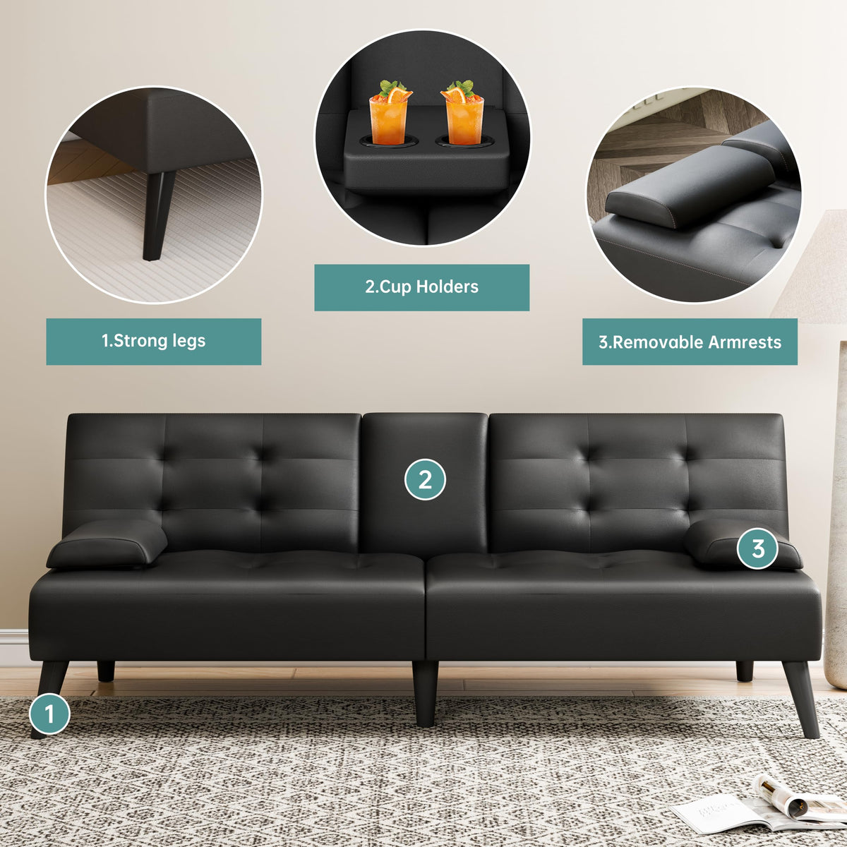 Meilocar 64" Futon Sofa Bed, Small Couch with Armrests Cup Holders, Black