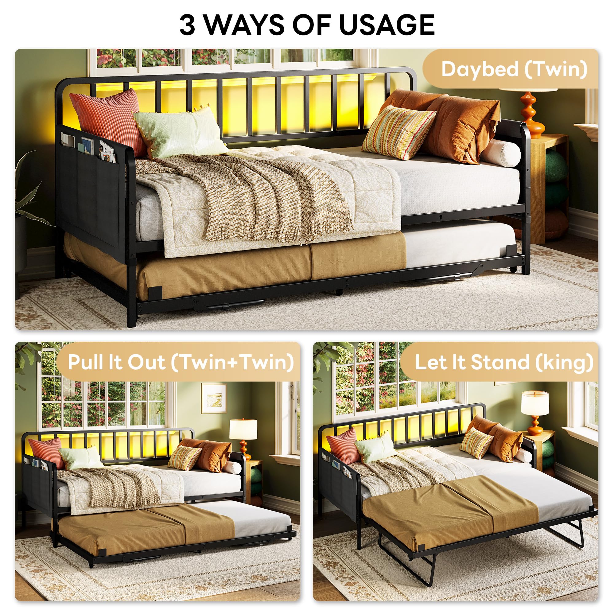 LIKIMIO Twin Daybed with Trundle, Charging Station & LED Lights, Metal Sofa Bed Frame with Side Storage, Noise-Free, No Box Spring Needed for Small Space, Guest Room, Living Room