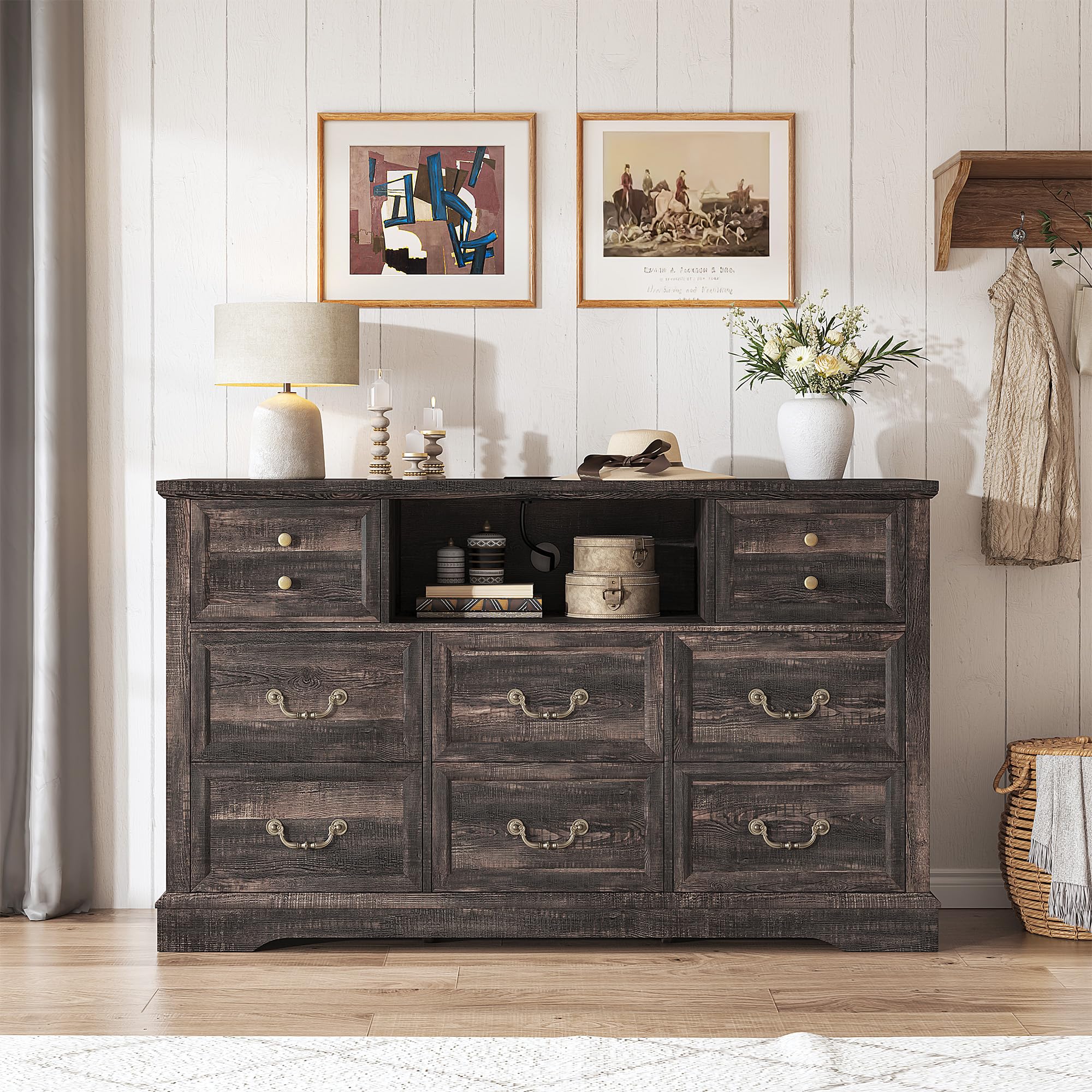 EnHomee 8 Drawers Dresser with Power Outlets and LED Lights,55" W Rustic Wooden Dressers & Chests of Drawers for Bedroom, Hallway, Rustic Oak, 55" W x 34.5" H x 15.7" D