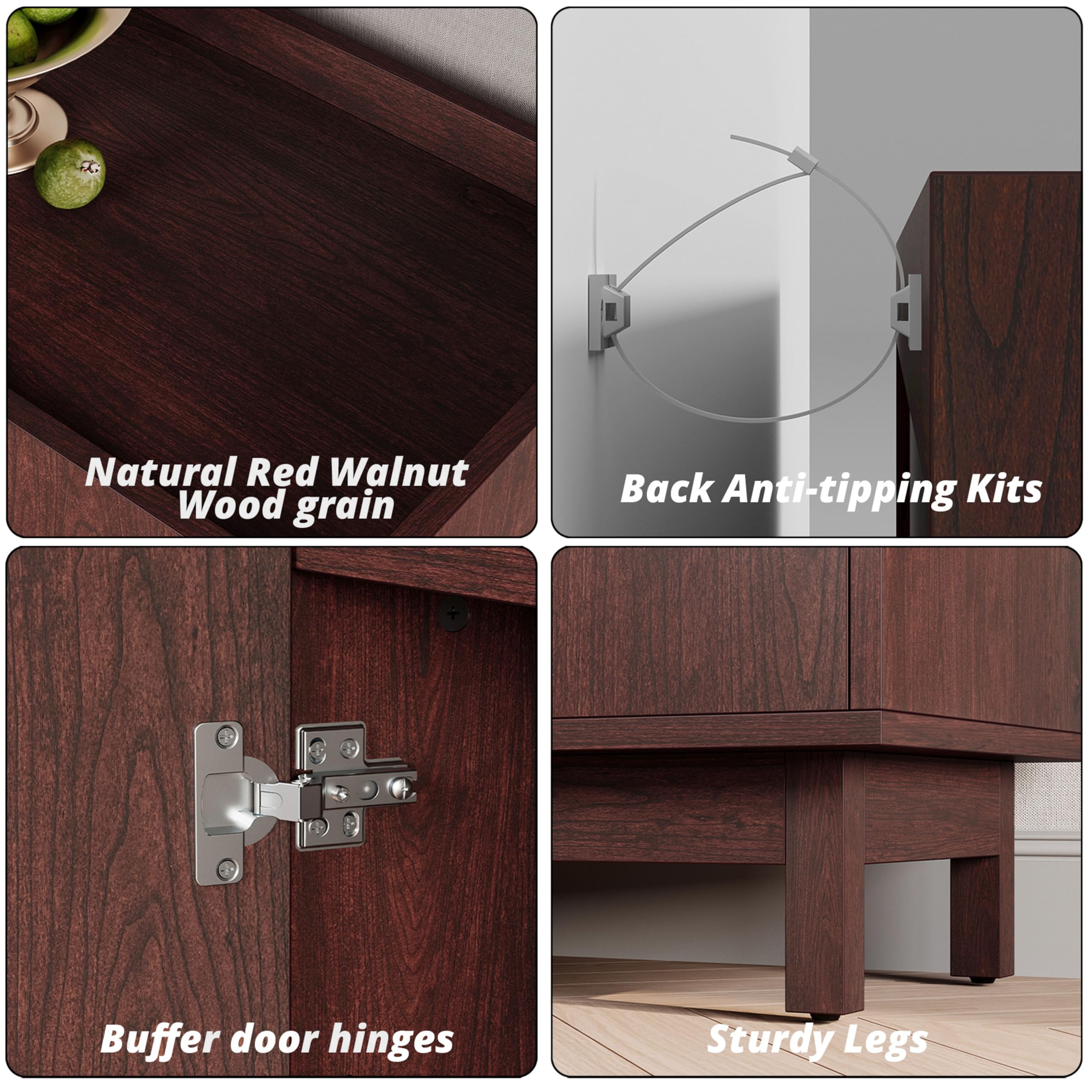 IRONCK 63" Storage Cabinet, Buffet Cabinet with Grille Doors and 2 Adjustable Shelves, Mid Century Sideboard for Kitchen, Dining Room, Entryway（Natural Red Walnut）