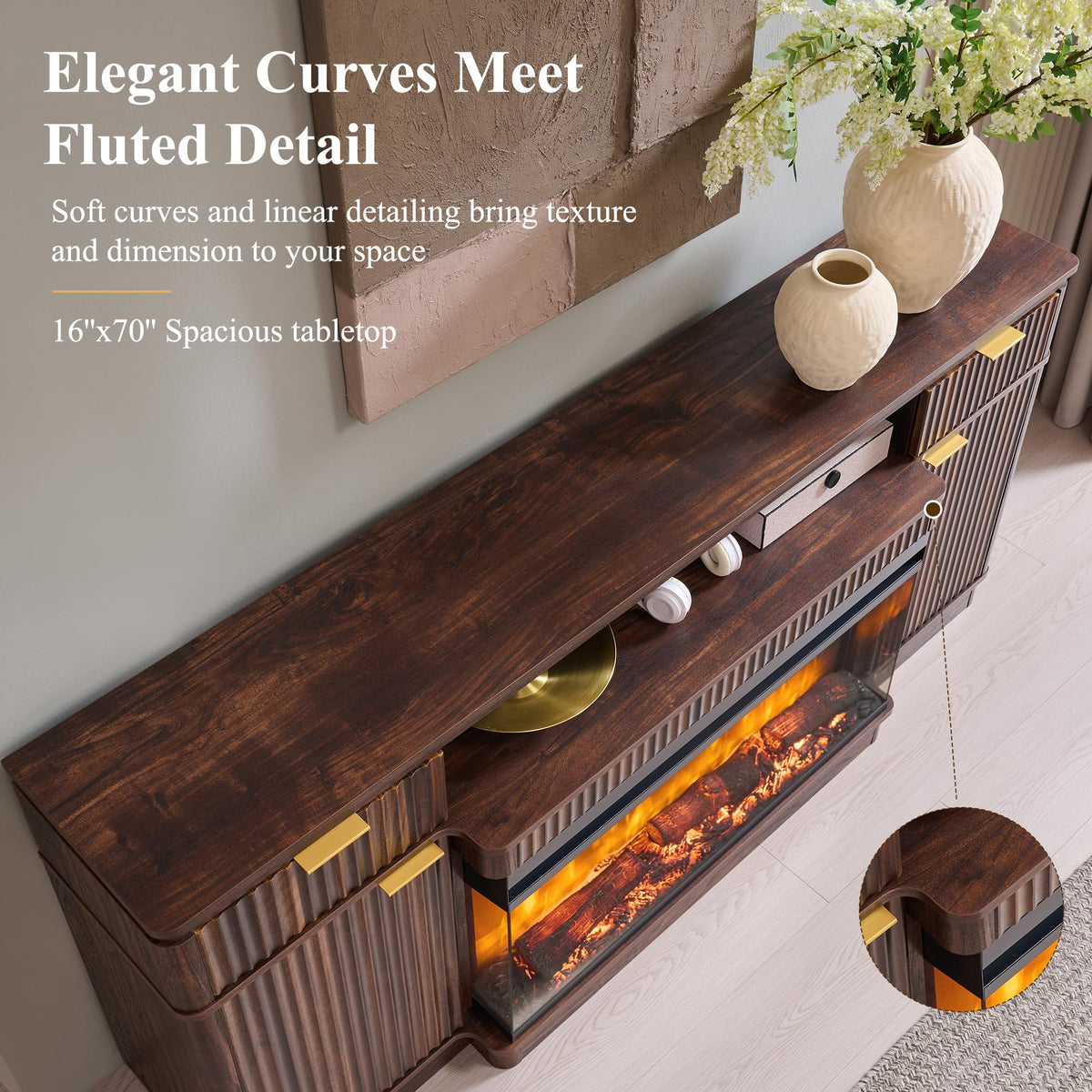 OKD 70'' Fireplace TV Stand with Storage, Fluted Media Console, Dark Walnut
