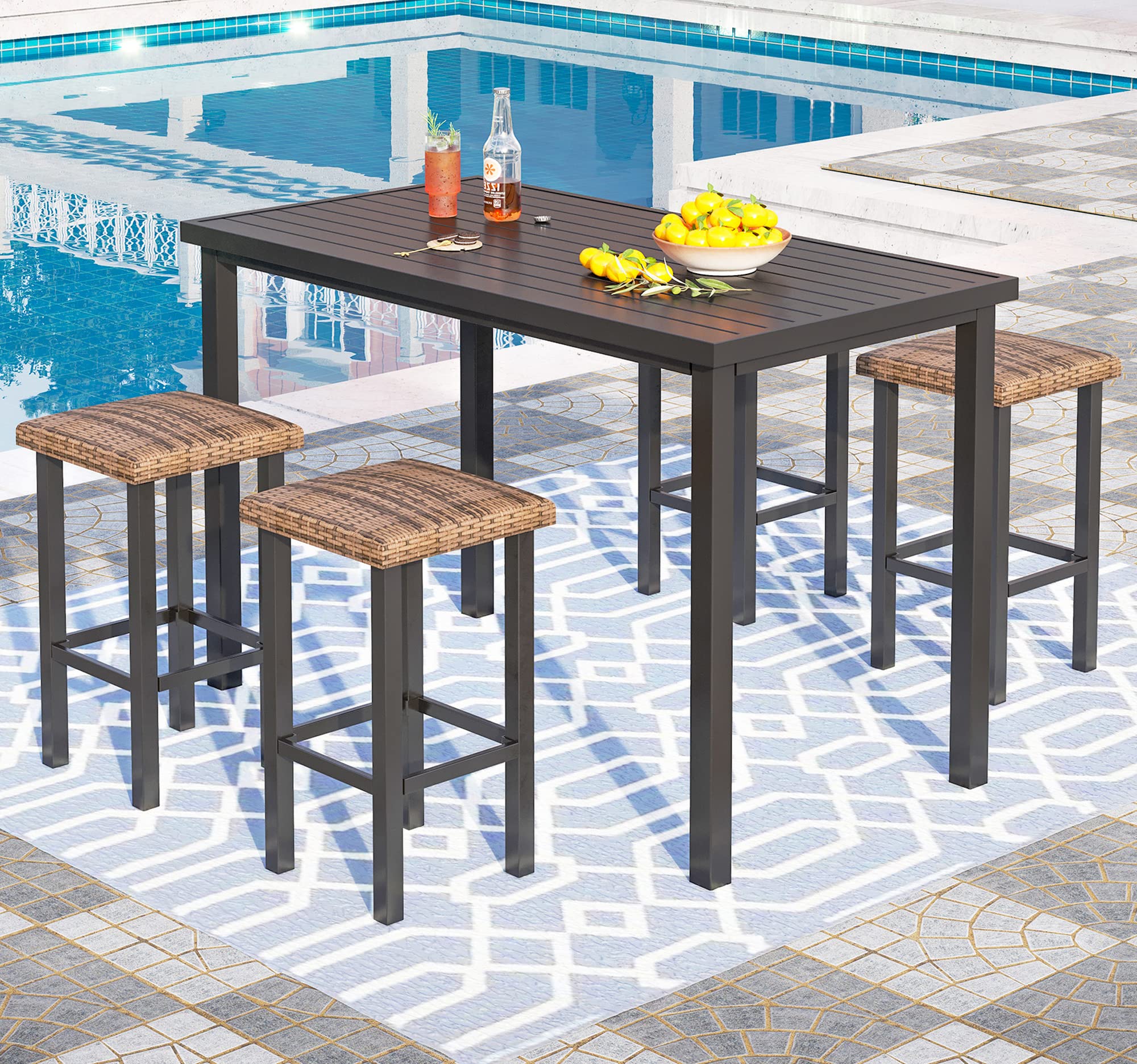 PHI VILLA 5 Piece Patio Bar Set, Black Wood Grain Metal Bar Table & 4 Wicker High Bar Stools, Bar Height Outdoor Dining Set for Porch, Yard, Deck, Poolside