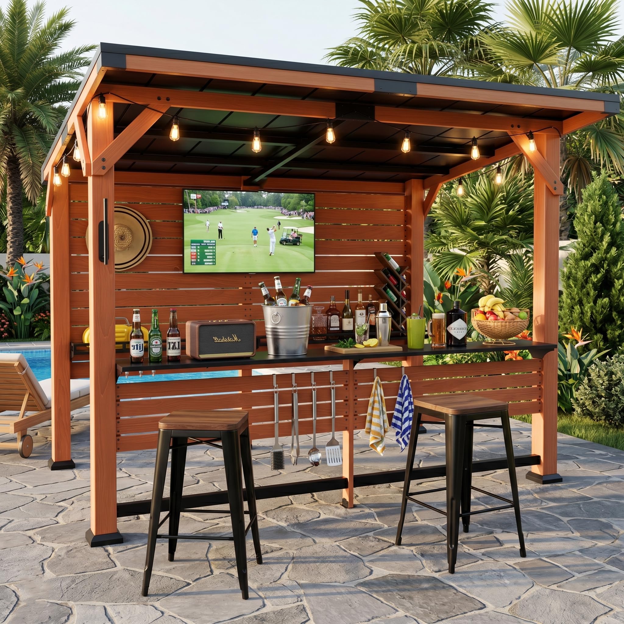 10' x 8' Premium Outdoor Entertainment Bar Center, 26 Gauge Galvanized Steel Roof, Heavy-Duty Solid Wood Pillar,Warm Cedar Wooden Gazebo with Bar Top, TV Mount, Shelves and Hooks for Patio, Deck