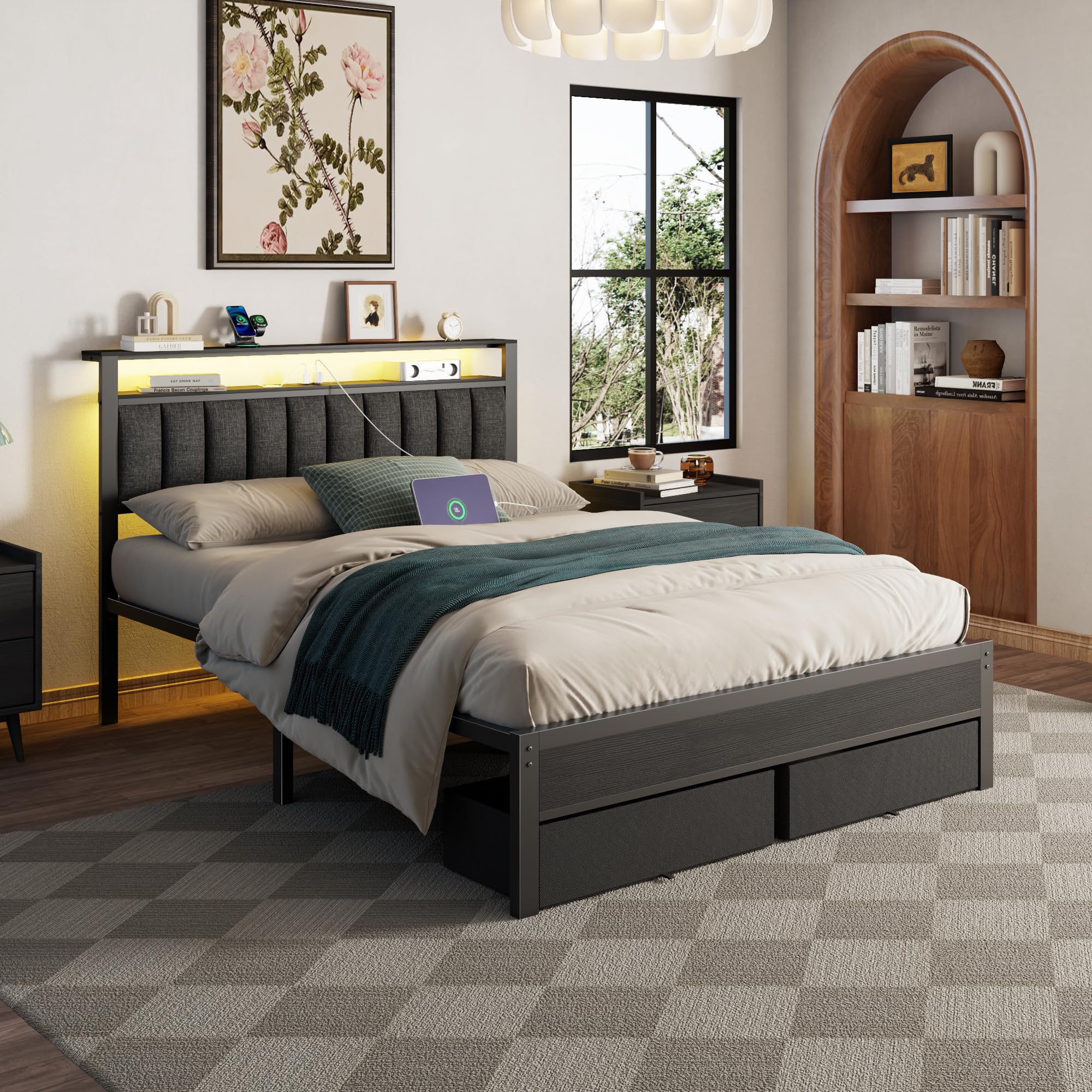Platform Bed Frame with LED Lights, Charging Station & Storage Drawers