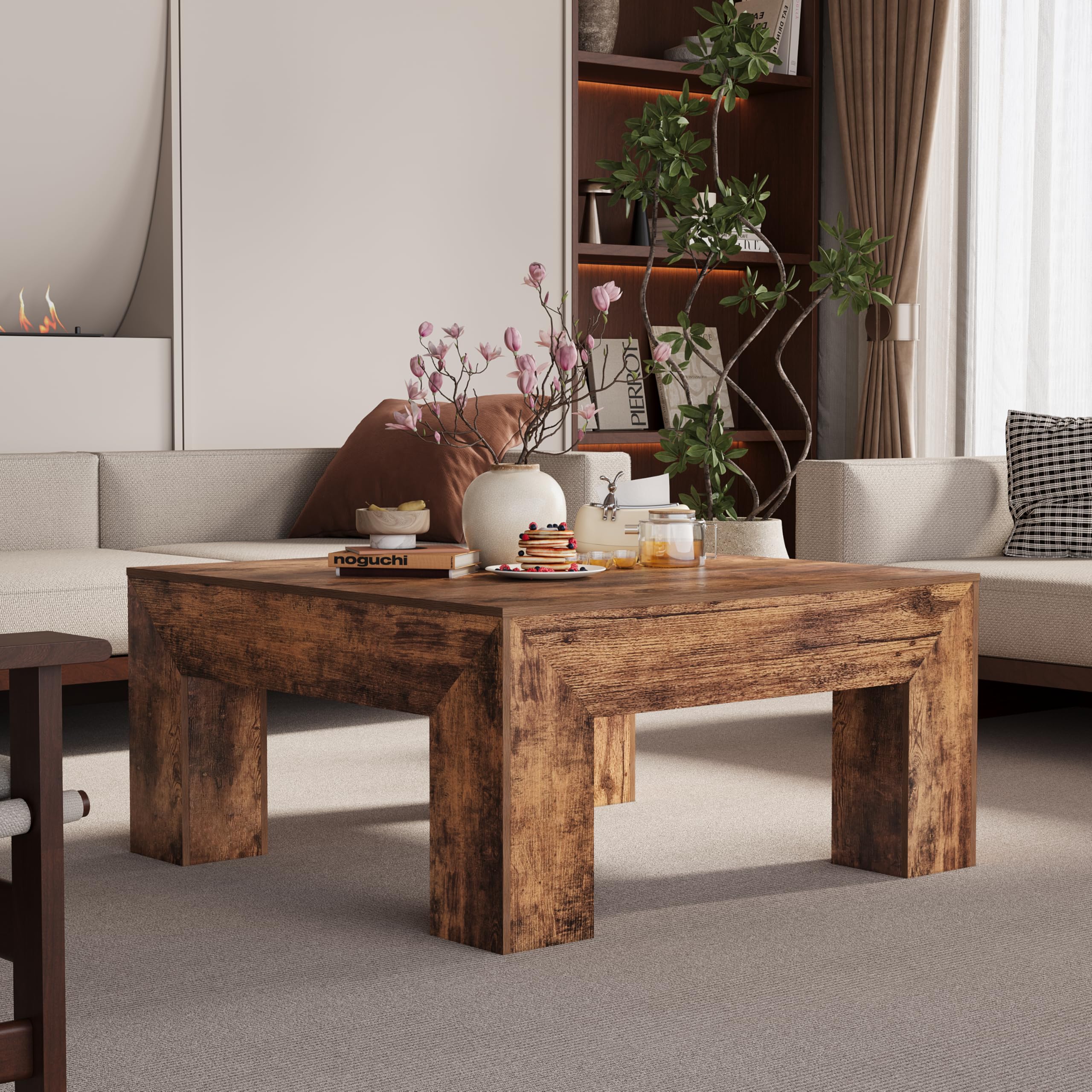 Square Coffee Table with Thick Base – Rustic Brown