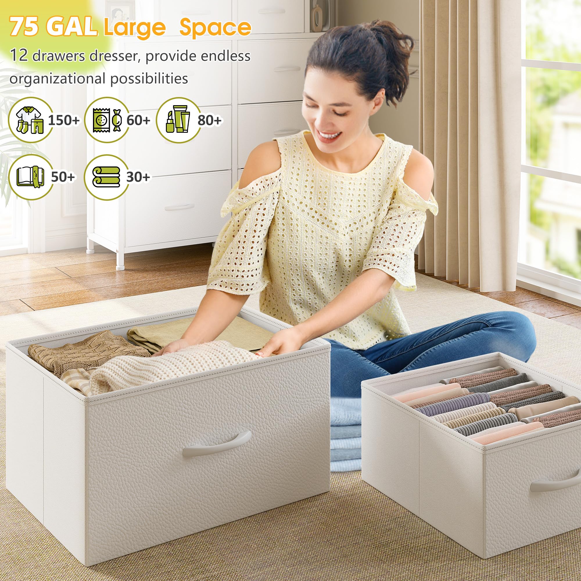 White Dresser for Bedroom with 12 Drawers & LED Lights,4 Open Storage Shelves, Fabric Dressers & Chests of Drawers for Living Room, Entryway, Dorm, Metal Frame, Wood Top,45.2" H x 35.4" W x 11.8" D