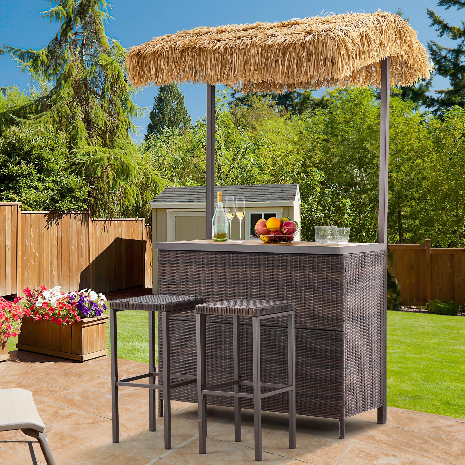 HOMREST Outdoor Tiki Bar Set, 3 Pieces Wicker Patio Bar Set w/2 Height Stools, Storage Shelf, Canopy, Plastic Wood Tabletop for Backyard Poolside Garden, Brown