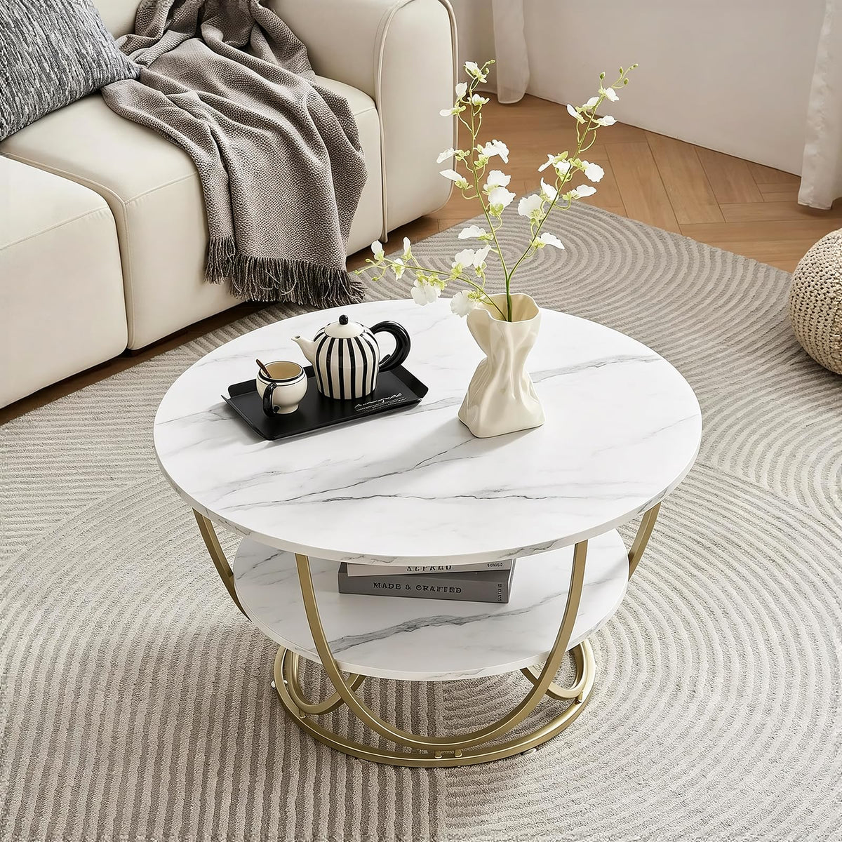 Round Marble-Look Storage Coffee Table