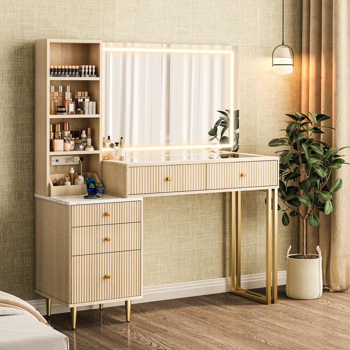 Fluted Vanity Desk with LED Mirror
