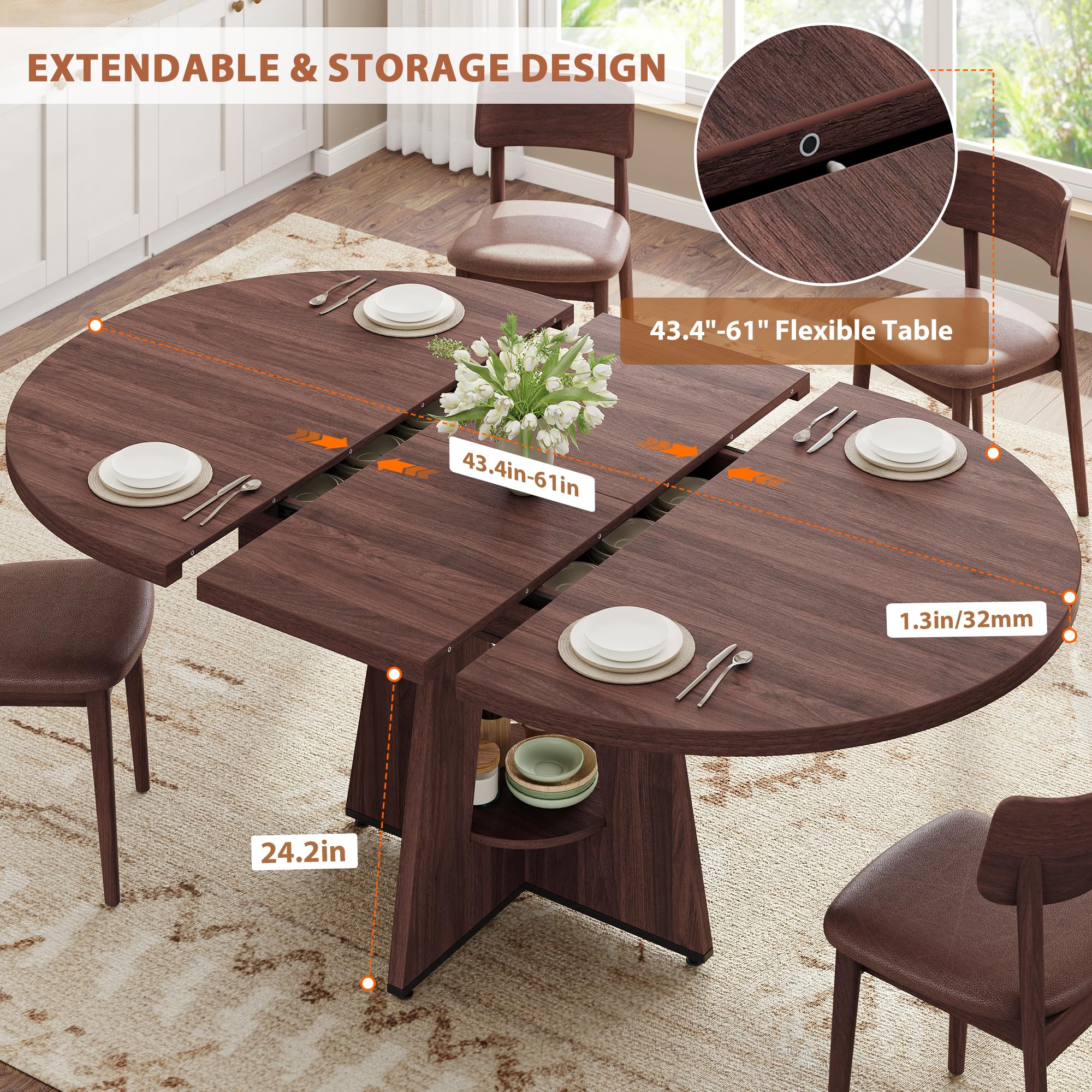 Extendable Dining Table, Round Kitchen Dining Room Dinner Table with for 4 6 8 People, Space Saving Modern Oval Expandale Furniture with Storage and Pedestal for Kitchen Living Room (Brown)
