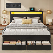 Metal Platform Bed Frame with Storage Drawers, LED Lights & Charging Station